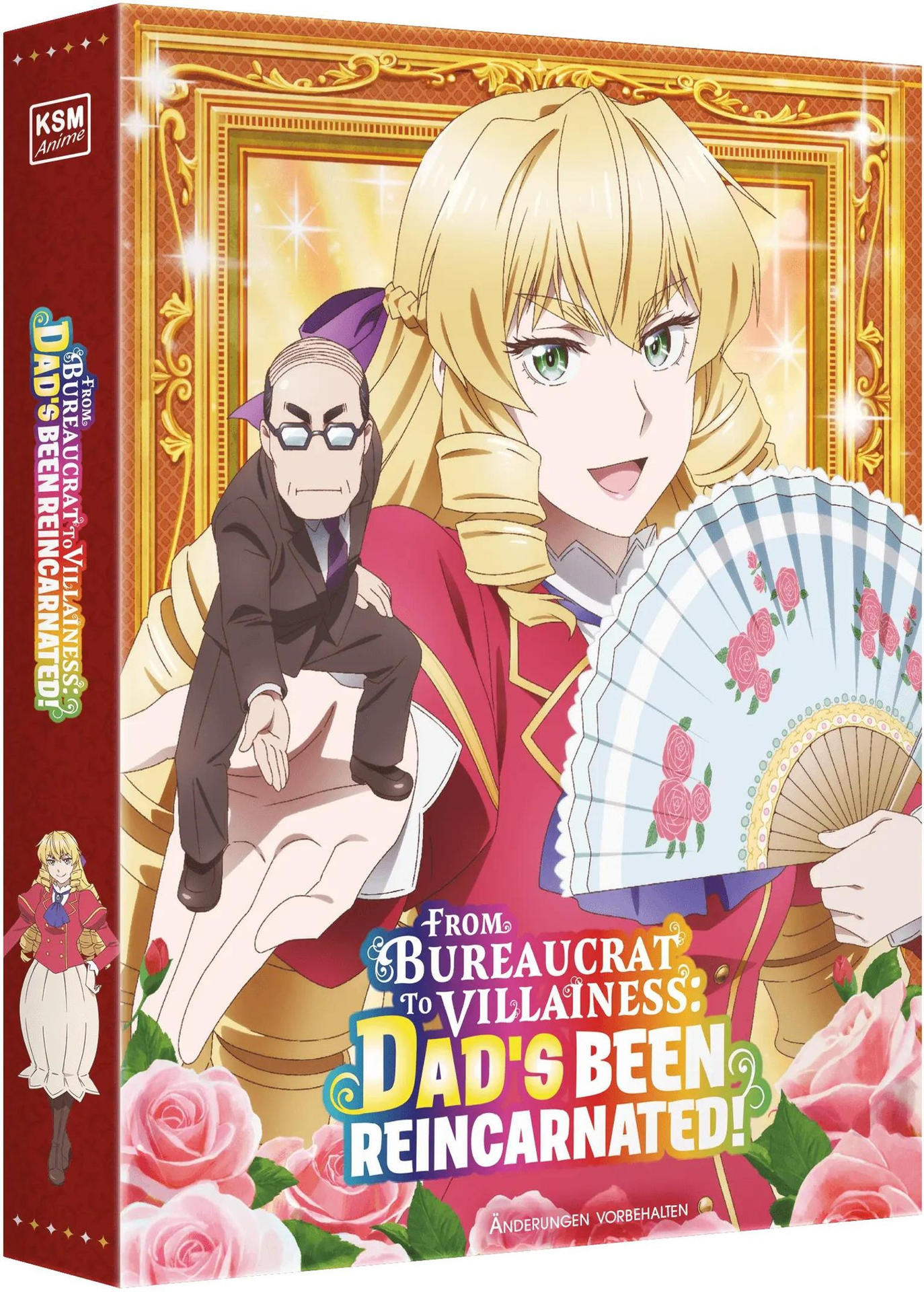 Anime-Box-Art. Blonde Frau mit Fächer, Mann auf Schulter. Rosen im Vordergrund. Text: From Bureaucrat to Villainess: Dad's Been Reincarnated!