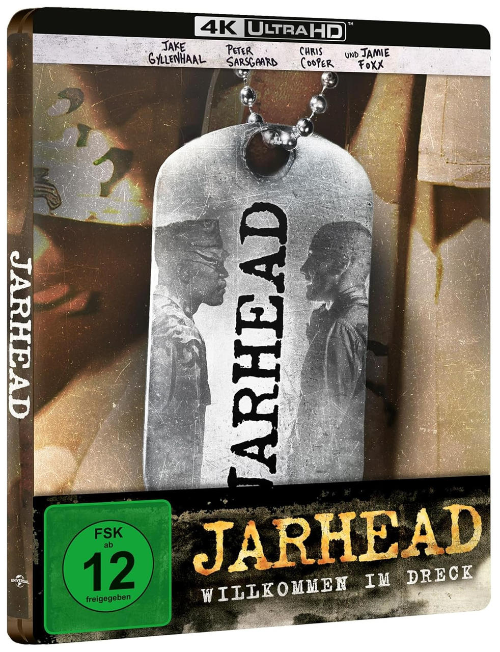 Das Jarhead-DVD-Cover zeigt zwei Männerprofile auf einem Erkennungsmarke. Der Titel steht auf dem Anhänger und darunter. Oben sind die Namen der Schauspieler zu sehen.