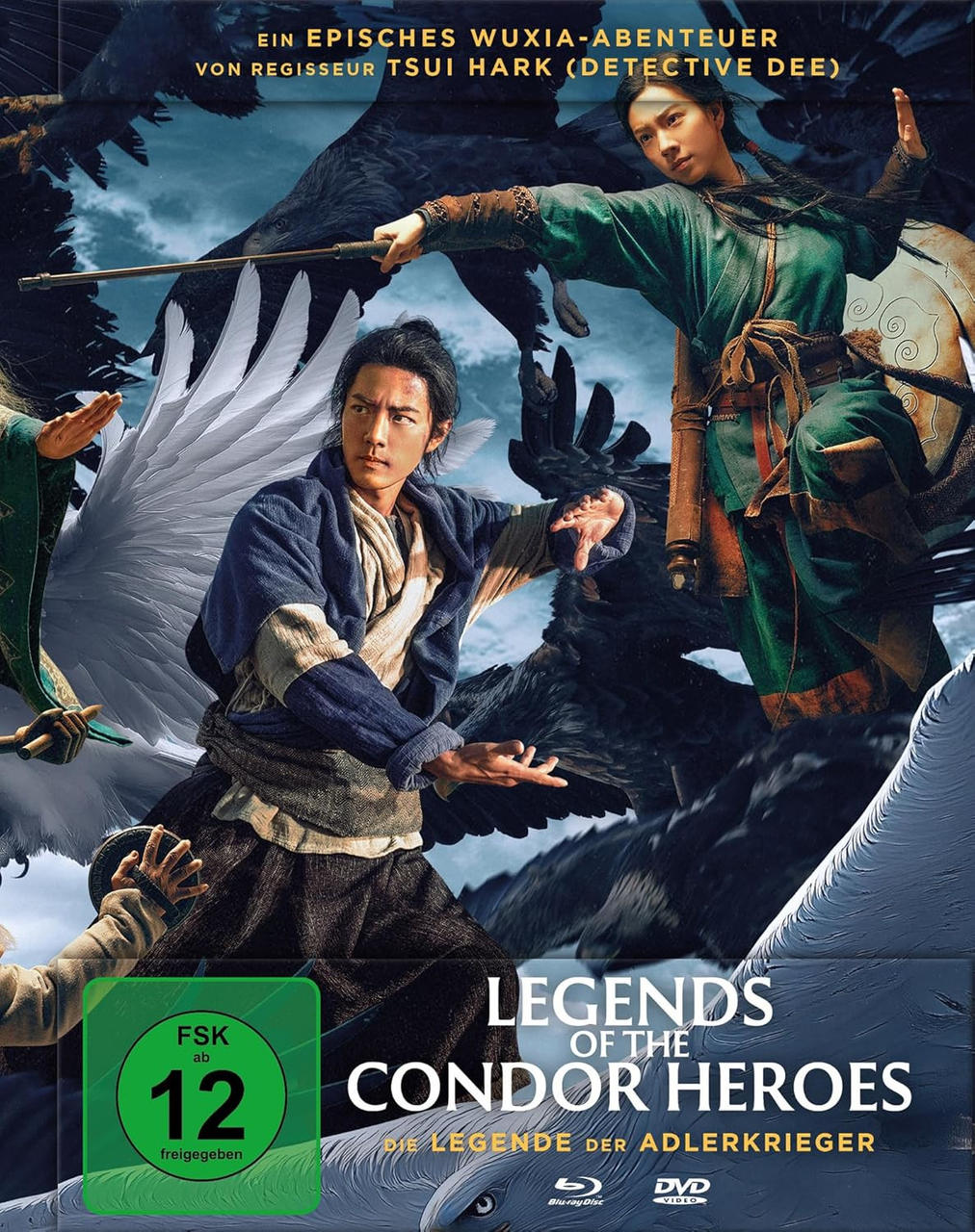 Poster für 'Legends of the Condor Heroes'. Zwei Personen mit Waffen stehen sich gegenüber, im Hintergrund große Vögel. Grün und blau.