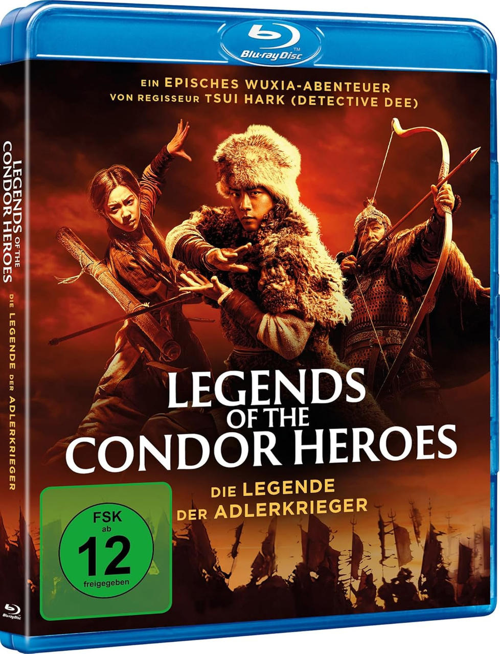 Blu-ray-Hülle. Drei Personen mit Pfeil und Bogen. Der Titel lautet Legends of the Condor Heroes. FSK 12-Bewertung.