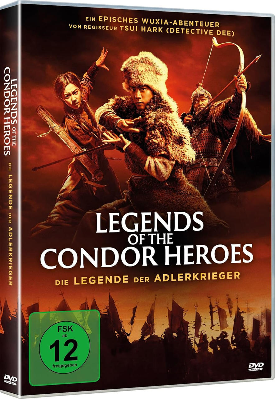 DVD-Cover: Krieger mit Bögen, Titel 'Legends of the Condor Heroes'. Grüner Kreis mit 'FSK ab 12'. Rötlicher Hintergrund.