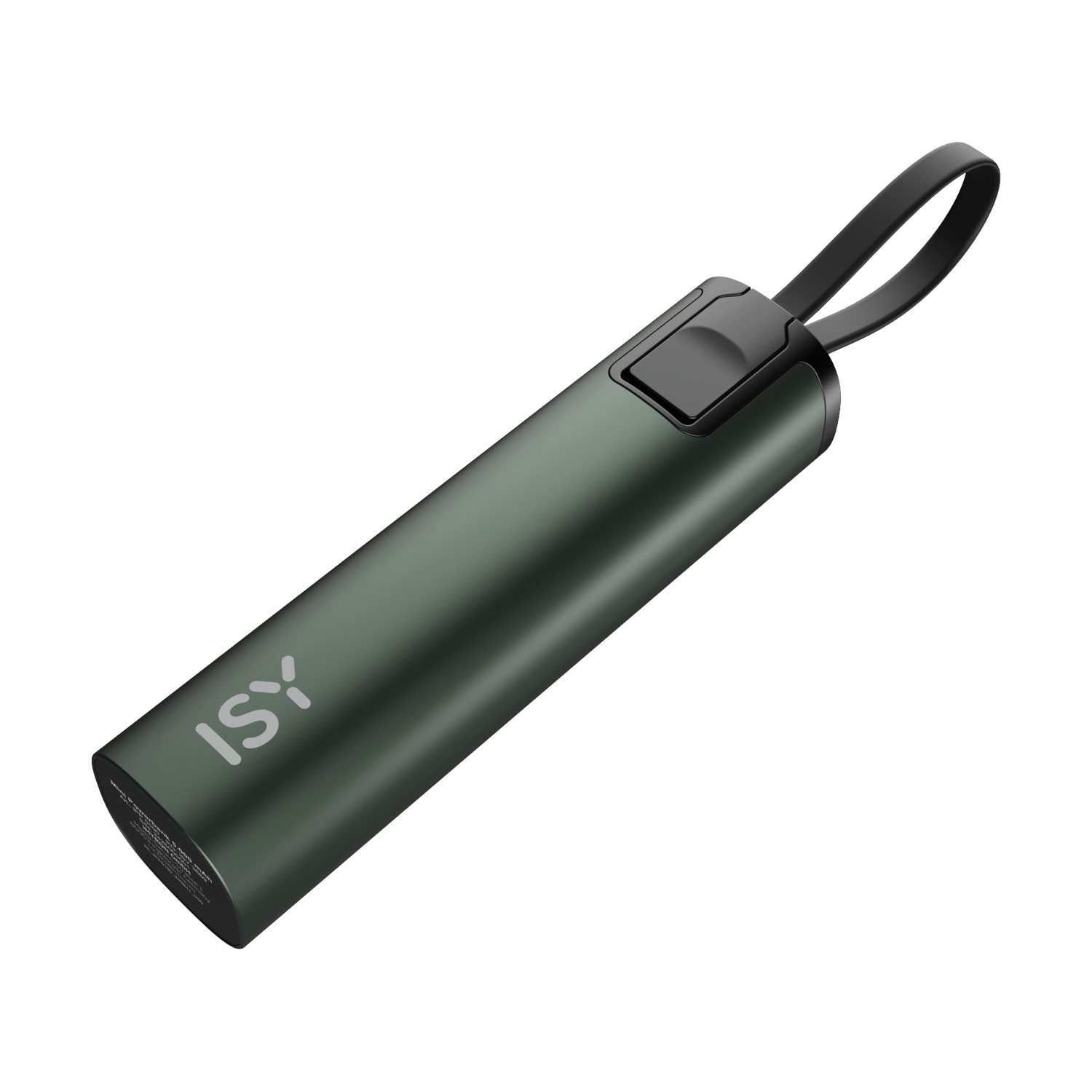 Un power bank ISY verde scuro con anello e pulsante neri sopra, su sfondo bianco.