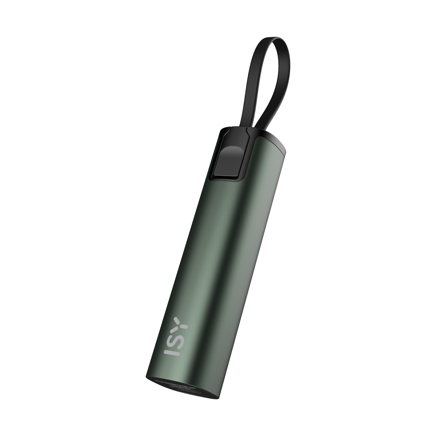 Un power bank cilindrico verde scuro con manico nero. Il marchio 'ISY' è stampato sul lato.