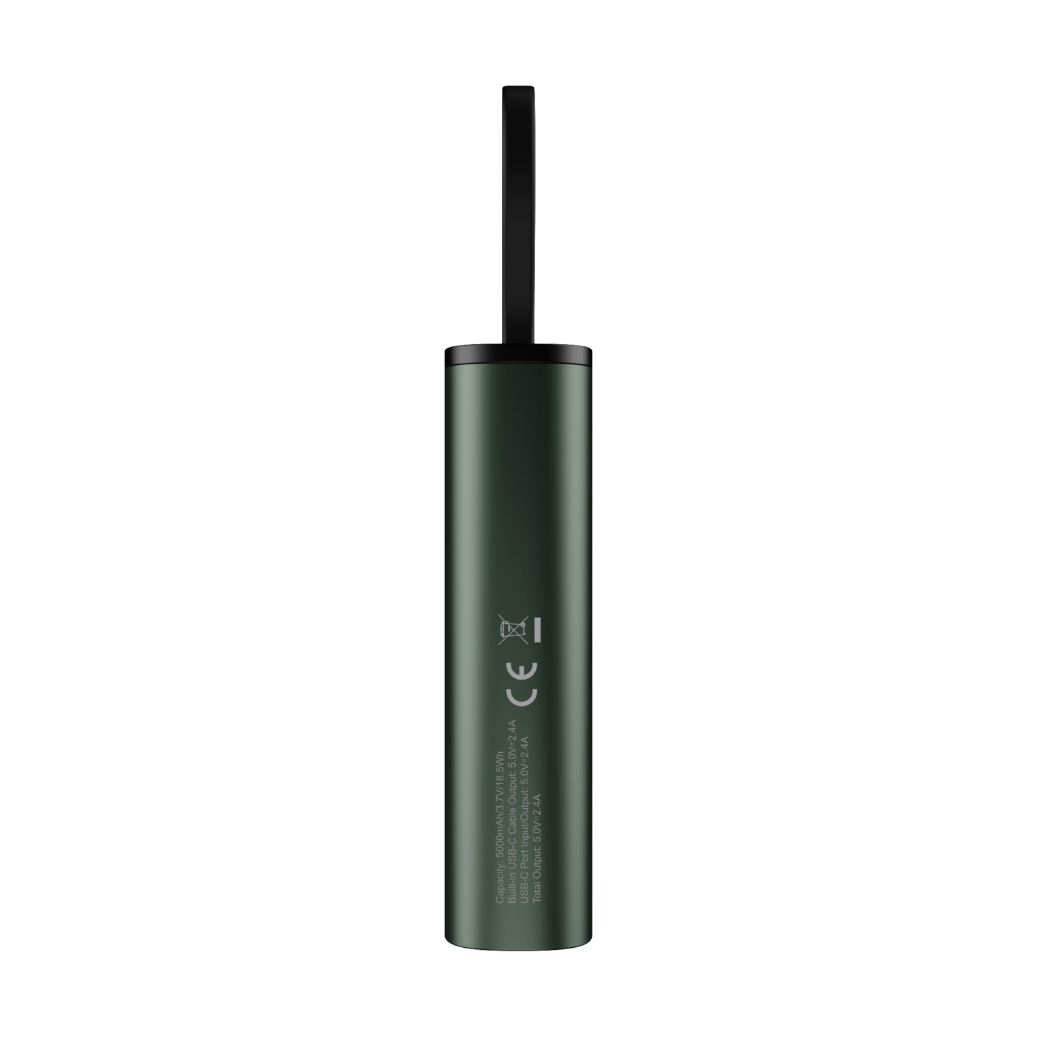 Un power bank cilindrico verde scuro con cavo nero e porta USB-C. Testo e simbolo CE sul lato.