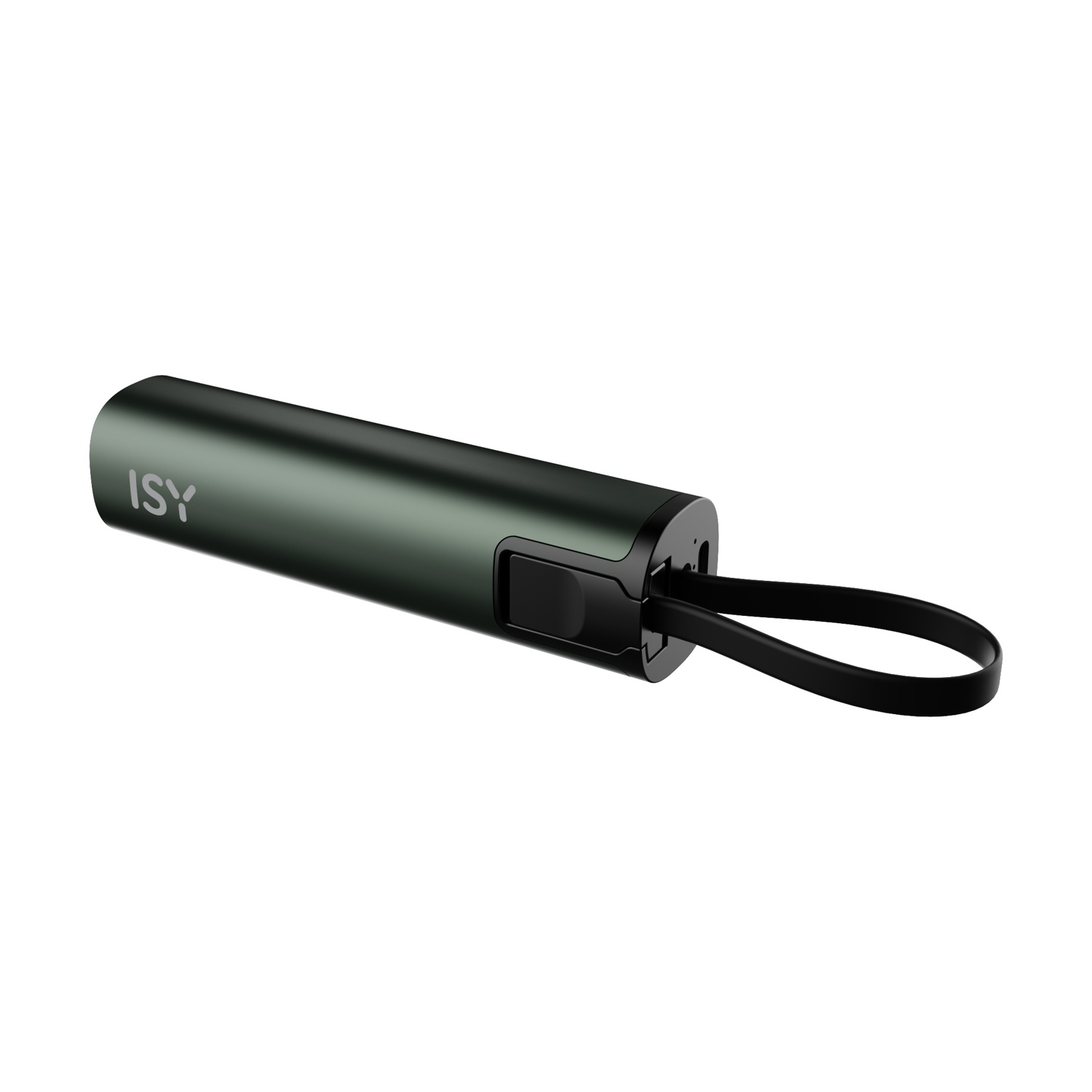 Un dispositivo cilindrico verde scuro con le lettere 'ISY', collegato a un anello nero. Lo sfondo è bianco.