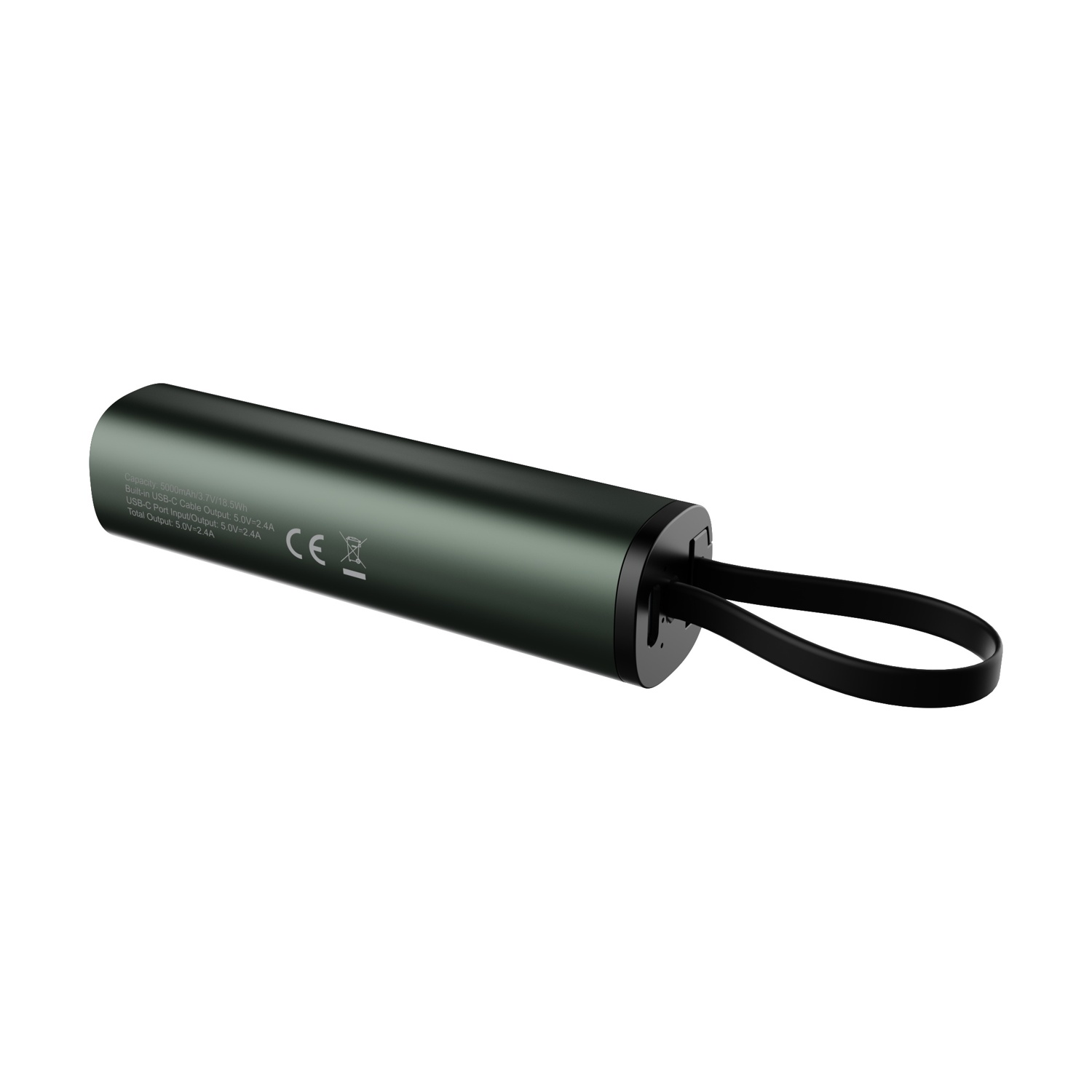 Un power bank cilindrico verde scuro con cinturino nero. Marchio CE visibile. Il testo include capacità e dettagli di uscita.