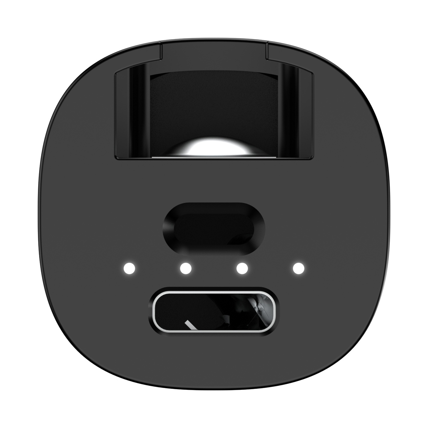 Dispositivo nero dalla forma arrotondata. Presenta una porta di ricarica, tre spie luminose e un'area incassata in alto.