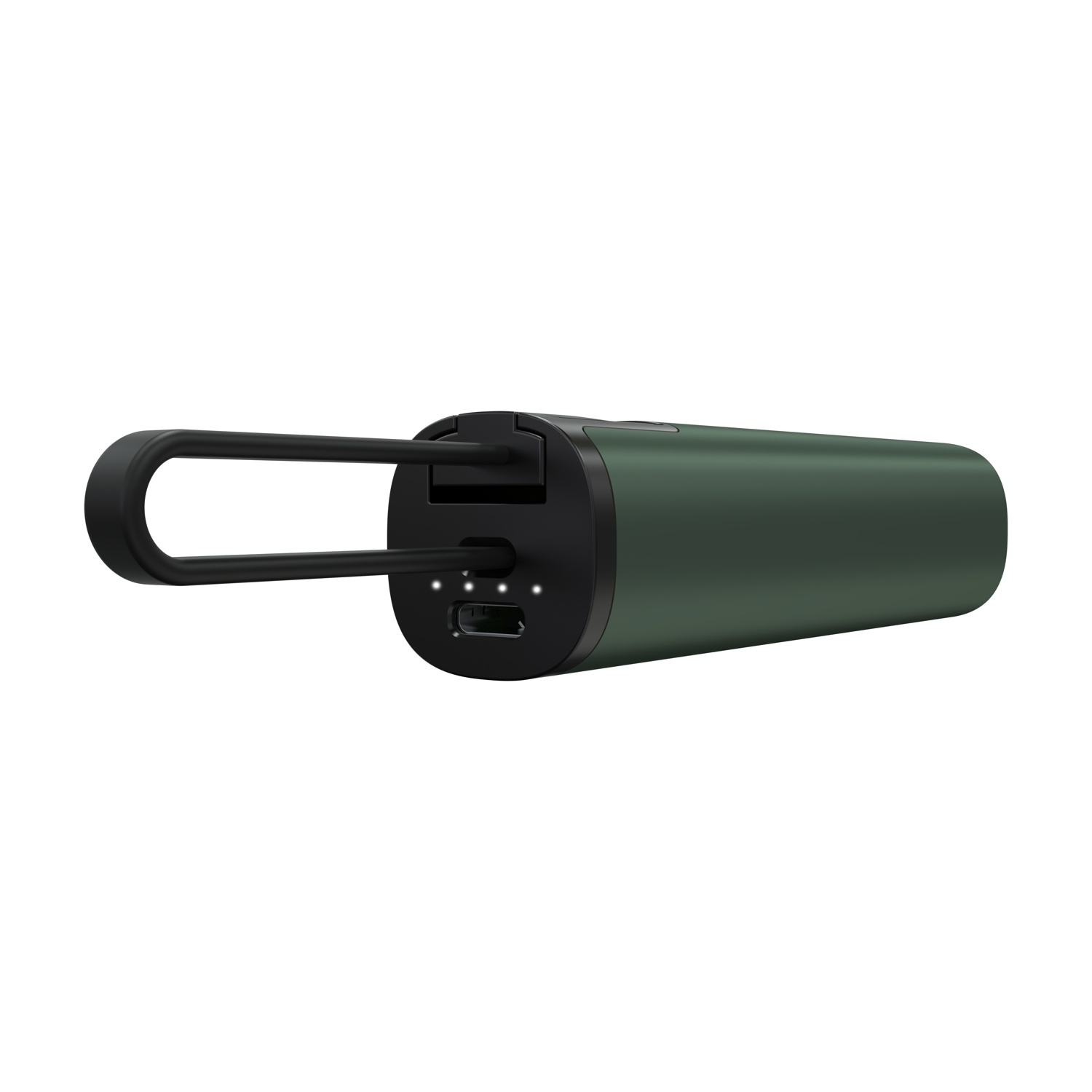 Un power bank verde scuro con manico nero, che mostra porte e spie luminose. Si trova su sfondo bianco.