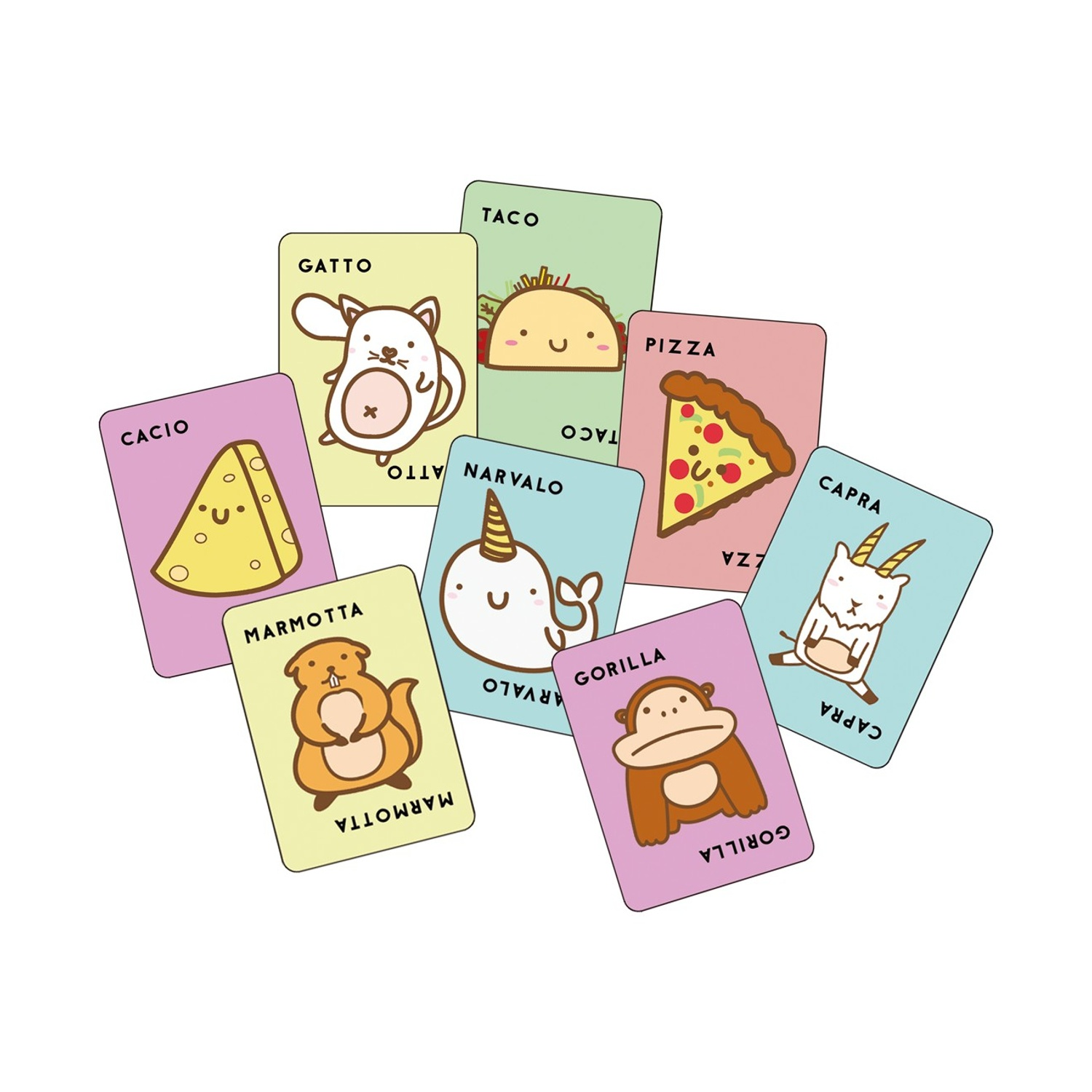 Carte con animali e cibo dei cartoni animati. Vengono mostrati gatto, taco, pizza, formaggio, narvalo, gorilla, capra e marmotta.