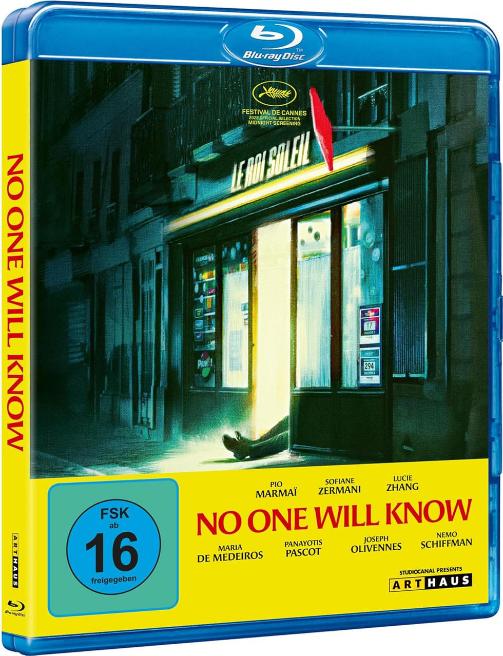 Blu-ray-Hülle für 'No One Will Know'. Ein beleuchteter Laden mit rotem Schild. Beine einer Person sichtbar. Filmtitel prominent.