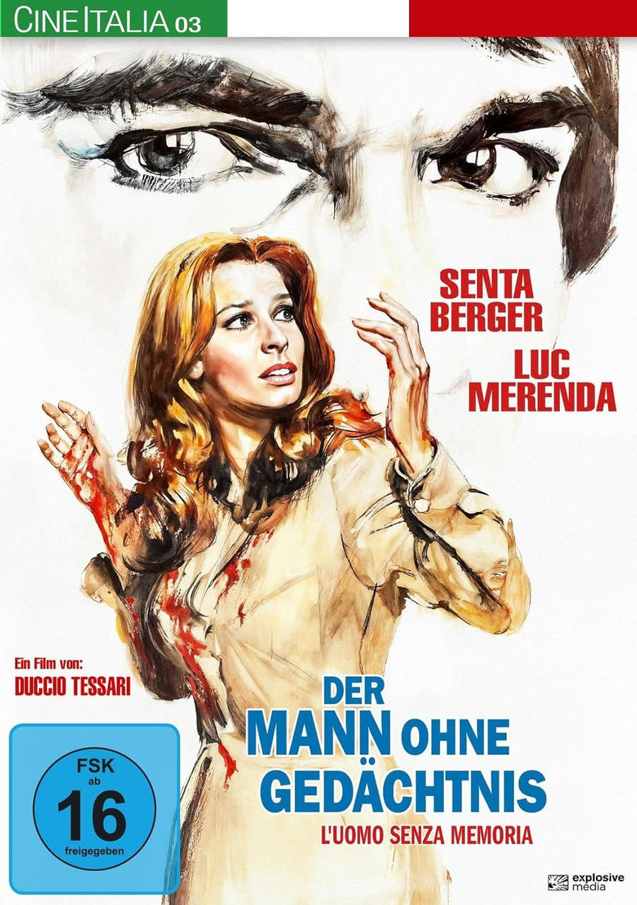 Filmposter mit einer ängstlich nach oben blickenden Frau, Blut an ihren Händen. Der Titel lautet "Der Mann ohne Gedächtnis".