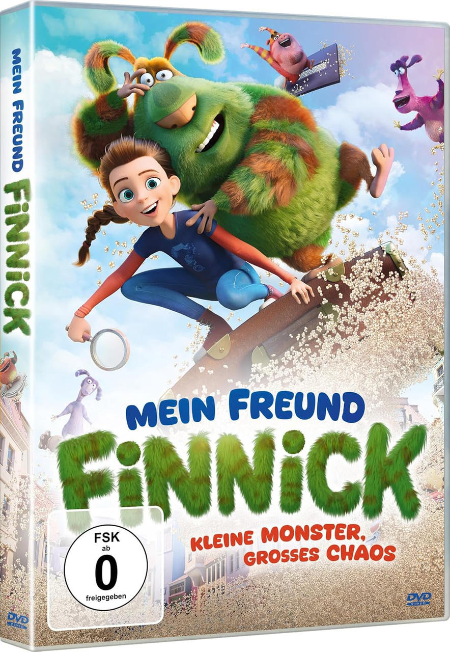 DVD-Cover. Ein Mädchen reitet mit einem grünen Monster auf einem Koffer. Titel: Mein Freund Finnick. Andere Monster und Gebäude im Hintergrund.