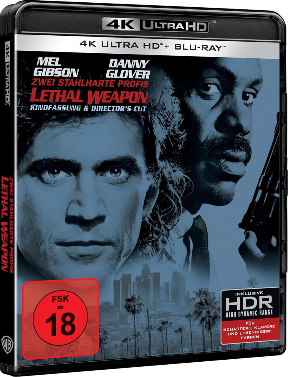 DVD-Cover für 'Lethal Weapon' mit Mel Gibson und Danny Glover. Mit Skyline und Altersbeschränkung.