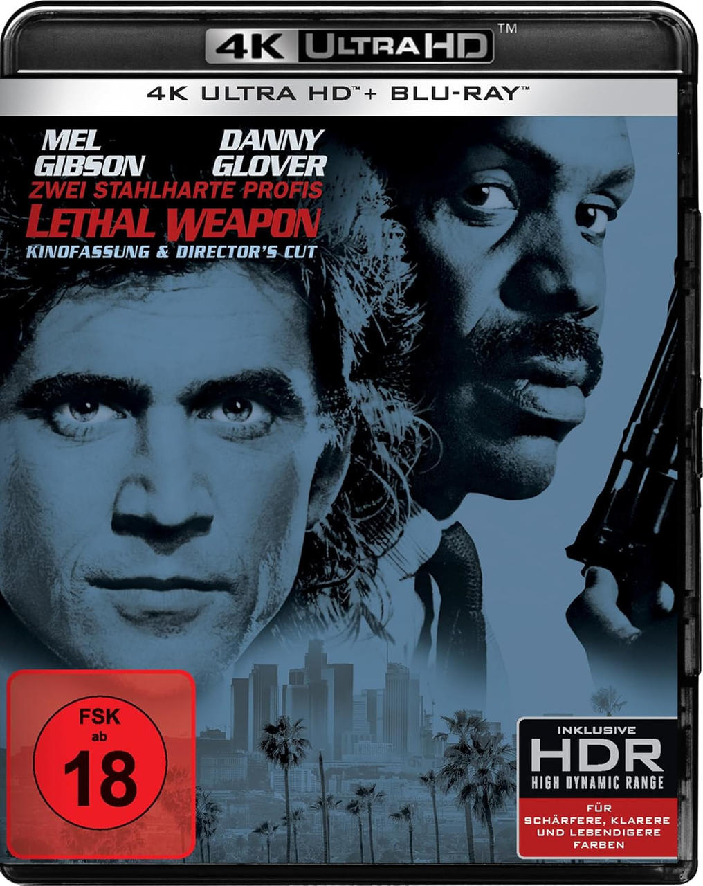 Lethal Weapon Blu-ray-Cover. Mel Gibson und Danny Glover sind zu sehen. Der Hintergrund zeigt eine Skyline und Palmen.