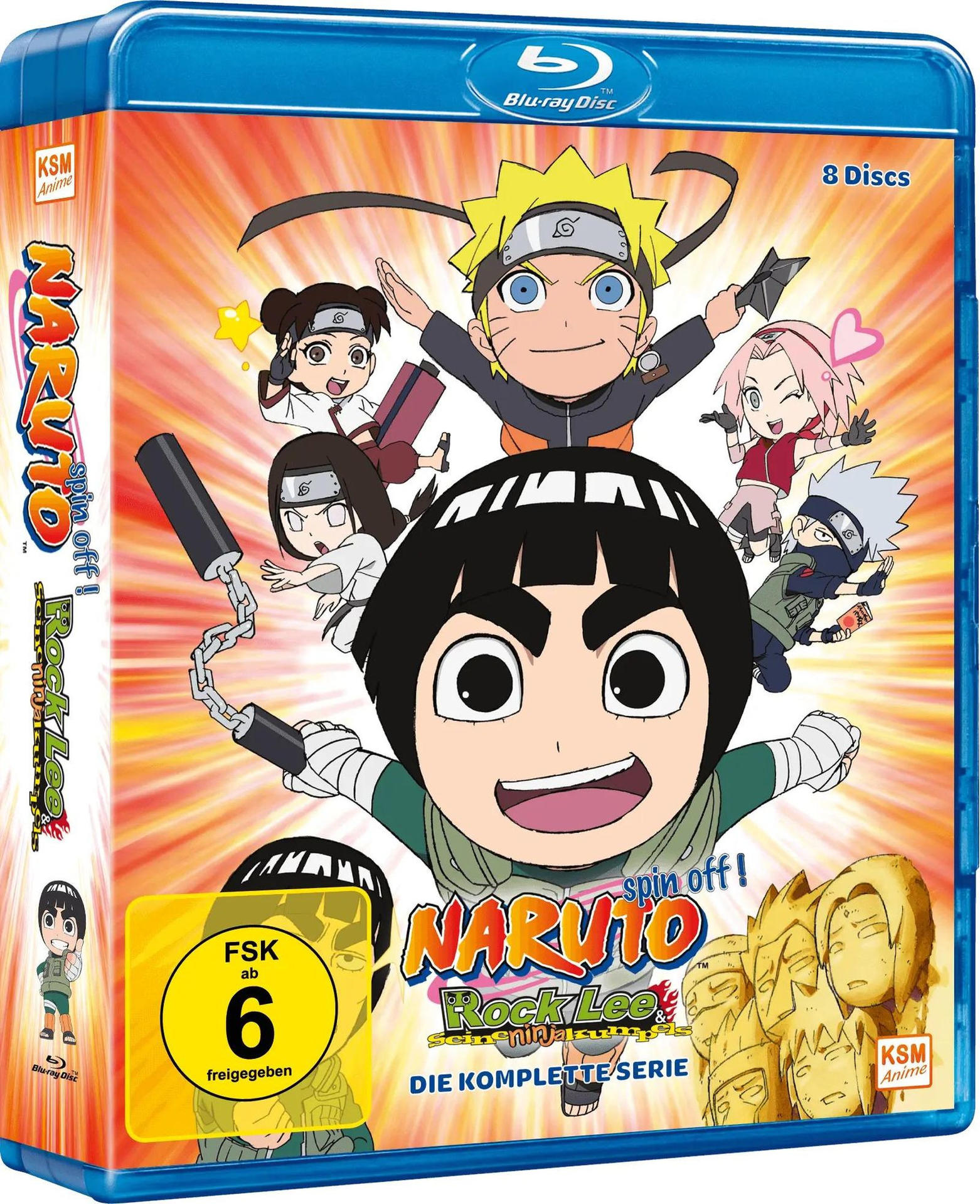 Blu-ray-Disc-Cover von Naruto Rock Lee Spin-off! mit mehreren Anime-Charakteren. Das Cover ist blau mit orangefarbenem Hintergrund.