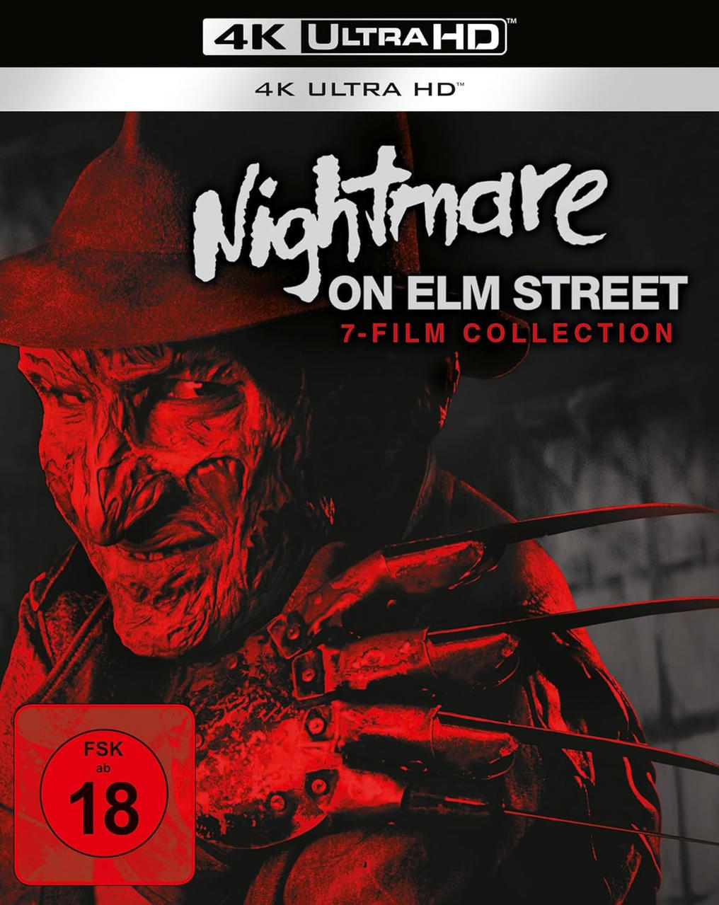 Cover-Art für 'Nightmare on Elm Street' 7-Film-Collection. Zeigt Freddy Krueger mit Hut, Krallen und roter '18'-Bewertung.