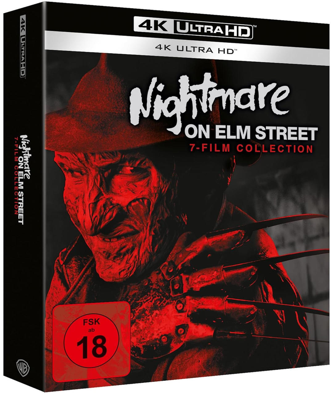 DVD-Box-Set von 'Nightmare on Elm Street'. Das Cover zeigt Freddy Krueger. Die Box ist schwarz mit roten Akzenten und die Bewertung ist 18.