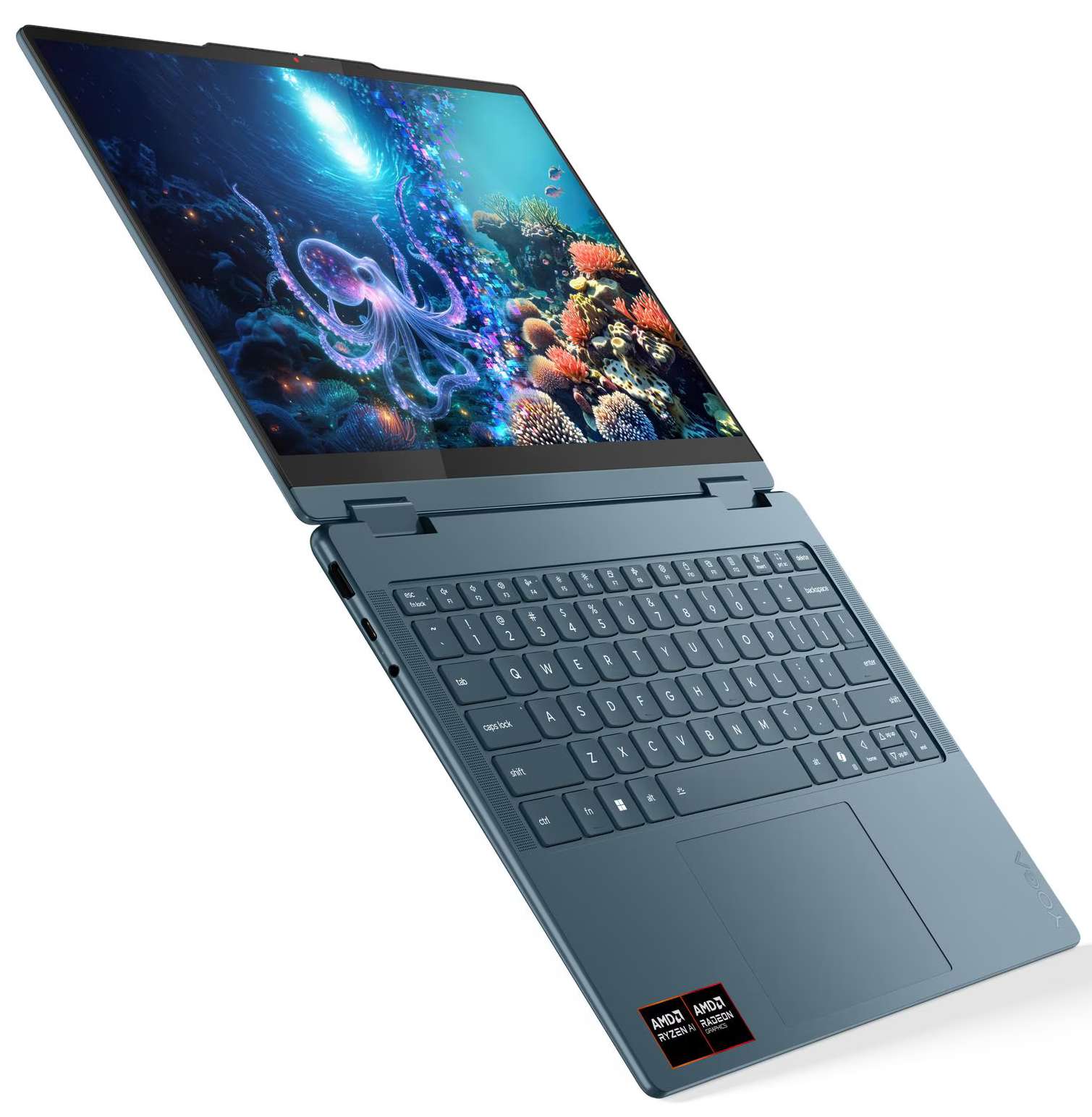 Kék laptop, víz alatti jelenettel a képernyőn. Billentyűzet látható. AMD Ryzen AI és Radeon Graphics logó.