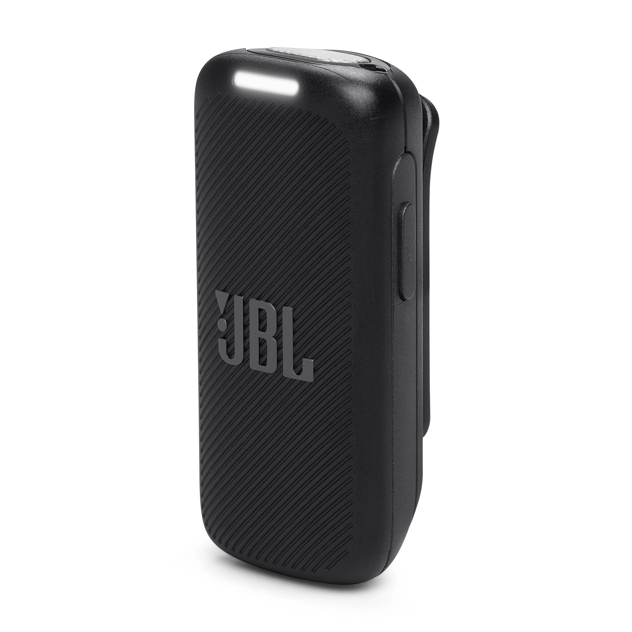 Schwarzer JBL-Clip-Lautsprecher. Verfügt über ein Licht, JBL-Logo und einen Clip auf der Rückseite.