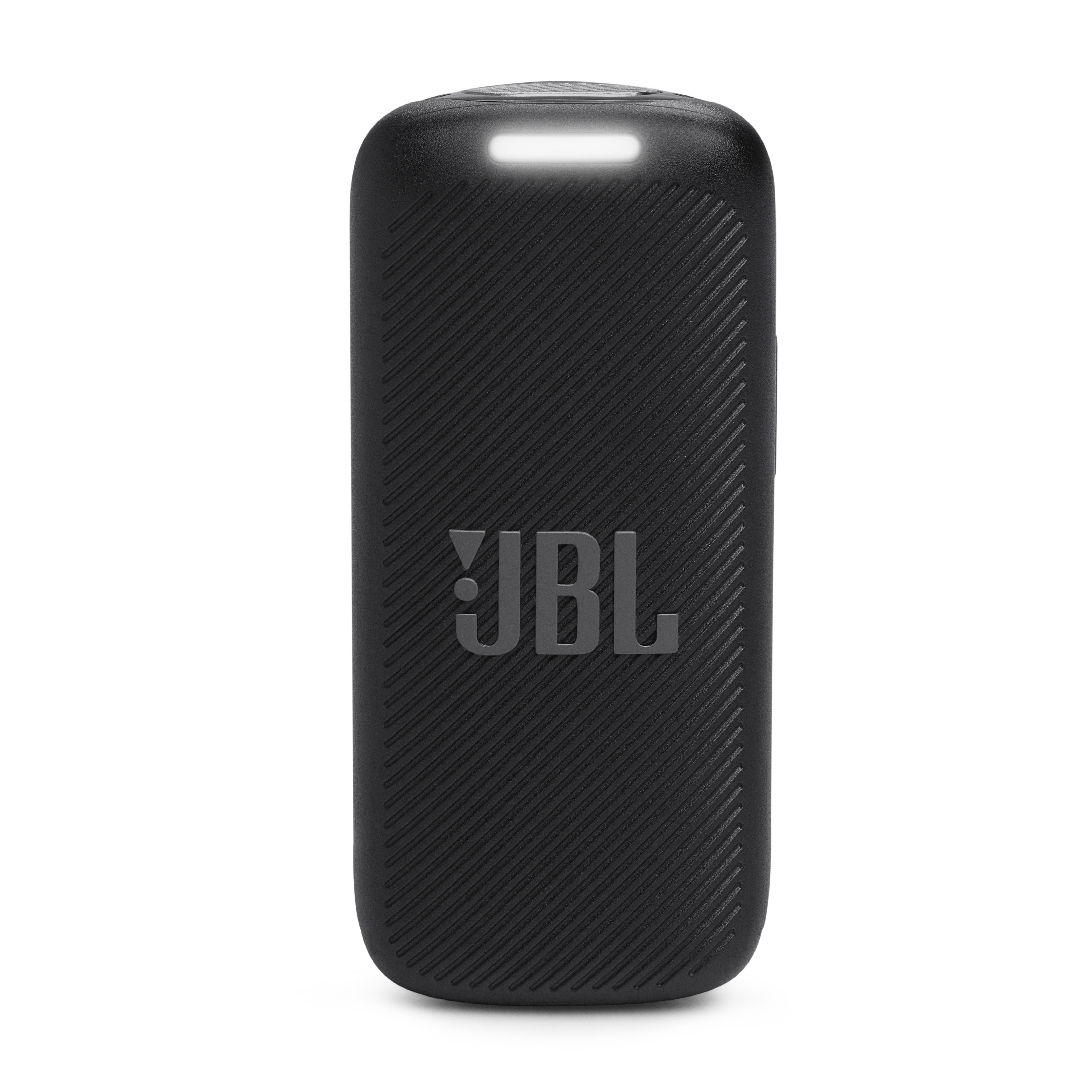 Schwarzer JBL-Lautsprecher mit diagonalen Linien und weißem Licht. JBL-Logo sichtbar.
