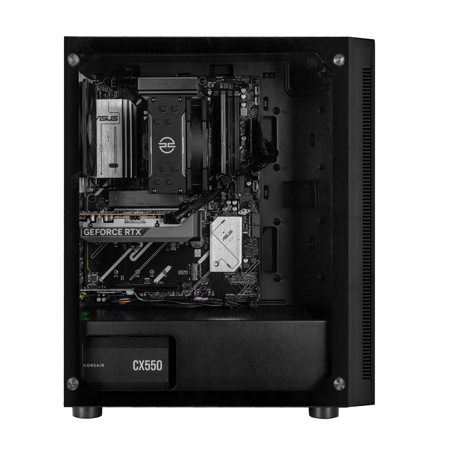 In einem schwarzen Computergehäuse befinden sich Komponenten wie eine Grafikkarte, ein Kühler, ein Netzteil und ein Motherboard. Marken sind ASUS und Corsair.