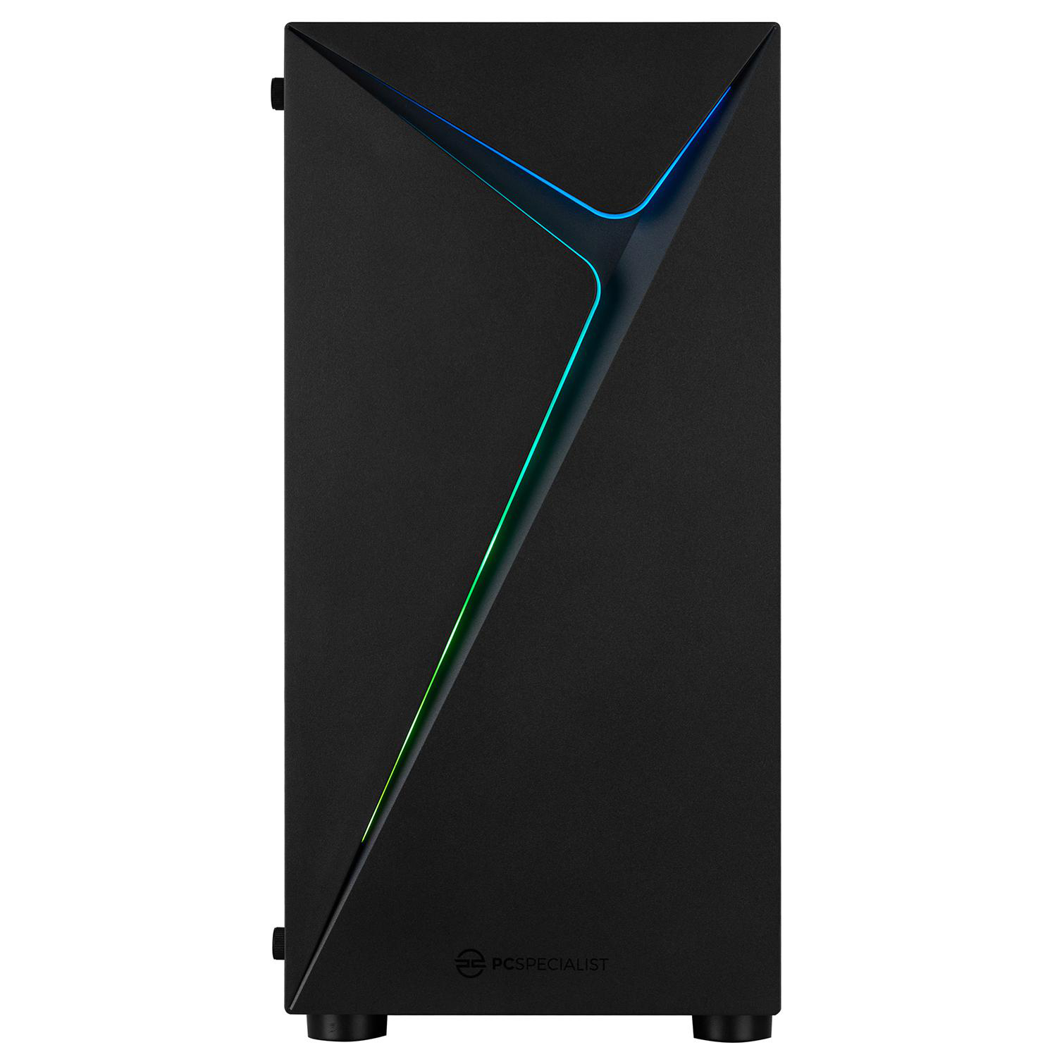 Schwarzes PC-Gehäuse mit blau/grüner Akzentbeleuchtung. Logo 'PCSPECIALIST' unten sichtbar.
