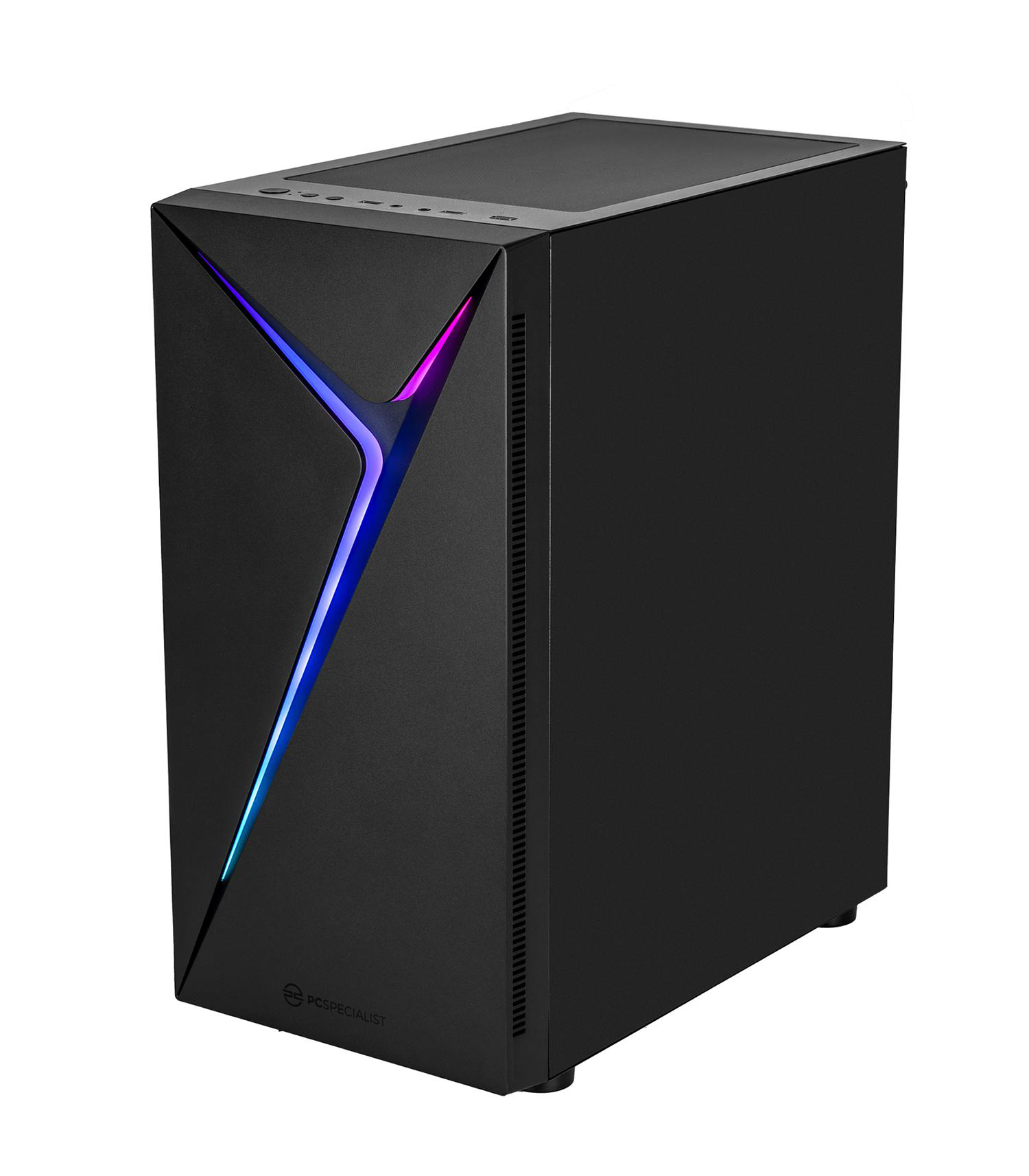 Schwarzes PC-Gehäuse mit blauen und rosa Akzenten. PC Specialist Logo unten. Oben Knöpfe. Seite hat eine Öffnung.