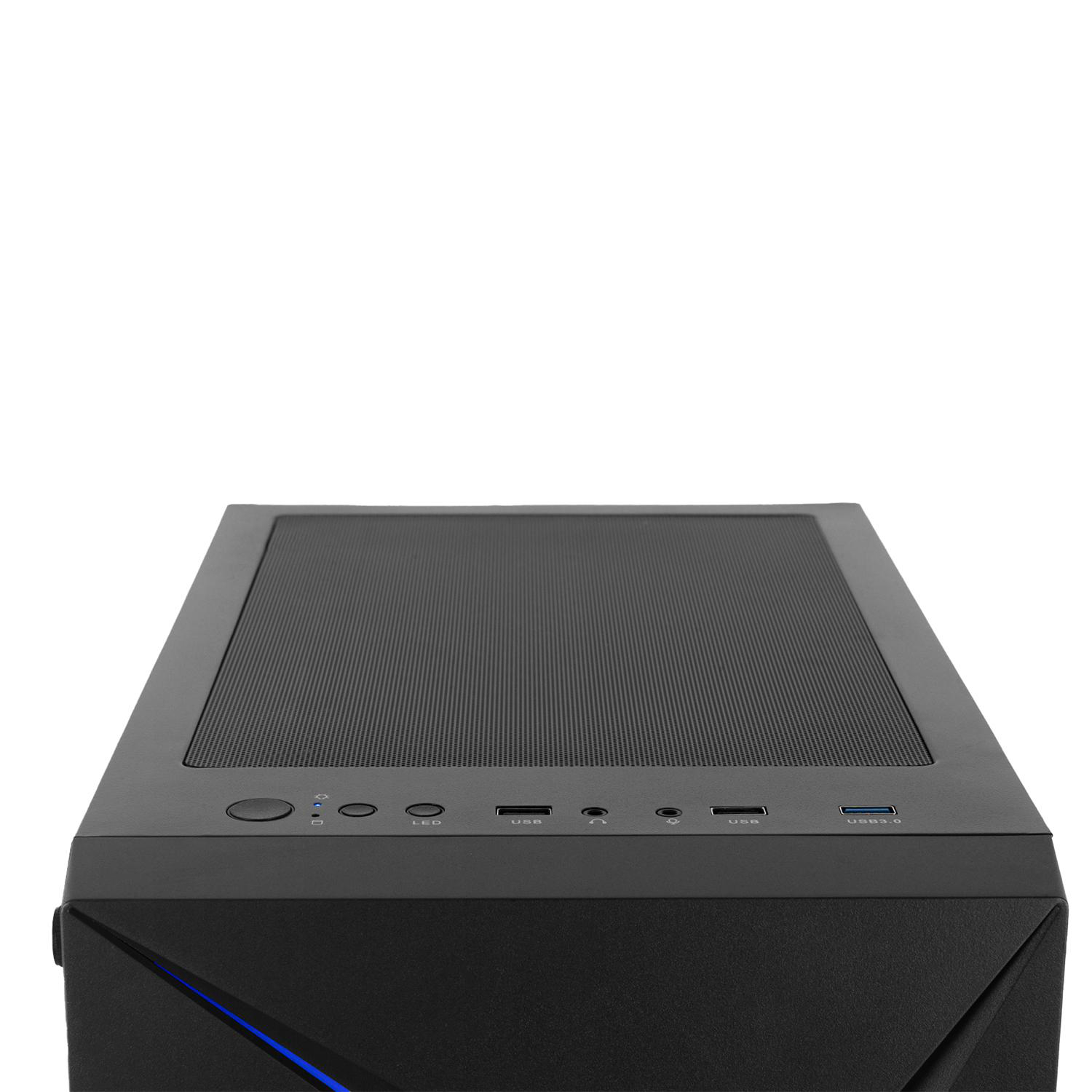 Ein schwarzes Computergehäuse mit einem Mesh-Top. Es hat Knöpfe und USB-Anschlüsse auf der Frontplatte. Der Hintergrund ist weiß.