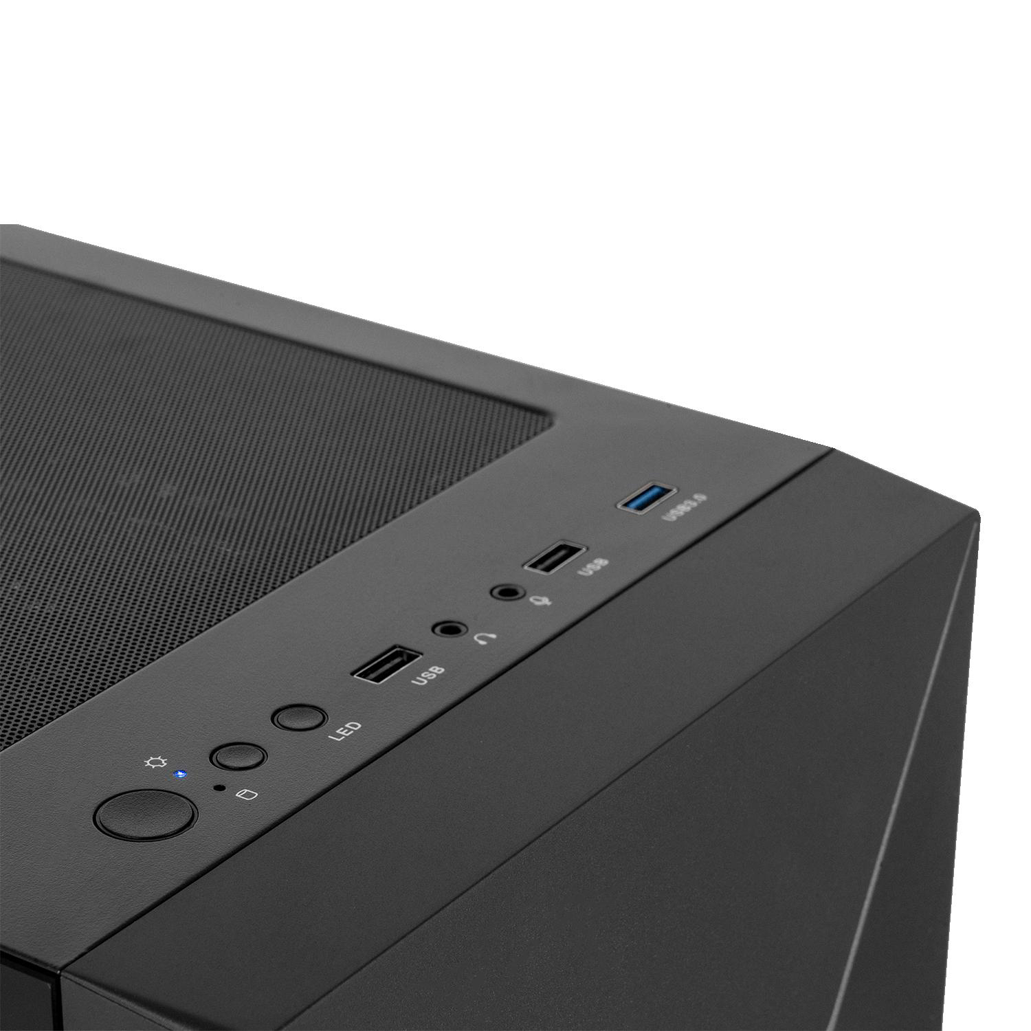 Nahaufnahme eines schwarzen Computergehäuses. Sichtbar sind Ein- und Ausschalttasten, USB-Anschlüsse und LED-Anzeigen. Eine Mesh-Oberseite ist vorhanden.