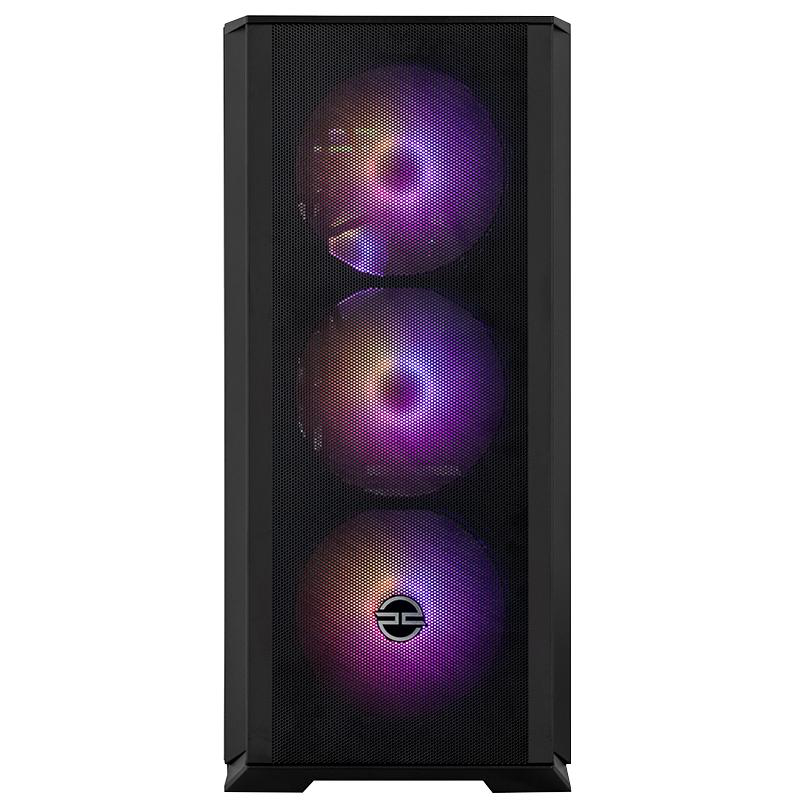 Schwarzes Computergehäuse mit drei beleuchteten Lüftern. Die Lüfter leuchten lila und gelb, und der untere hat ein Logo.
