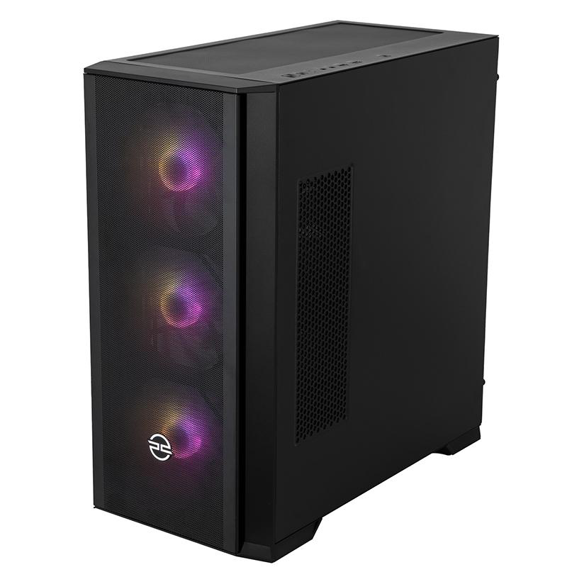 Schwarzes Computergehäuse mit Mesh-Front und drei beleuchteten Lüftern. Die Lüfter leuchten lila und rosa. Unten befindet sich ein Logo.