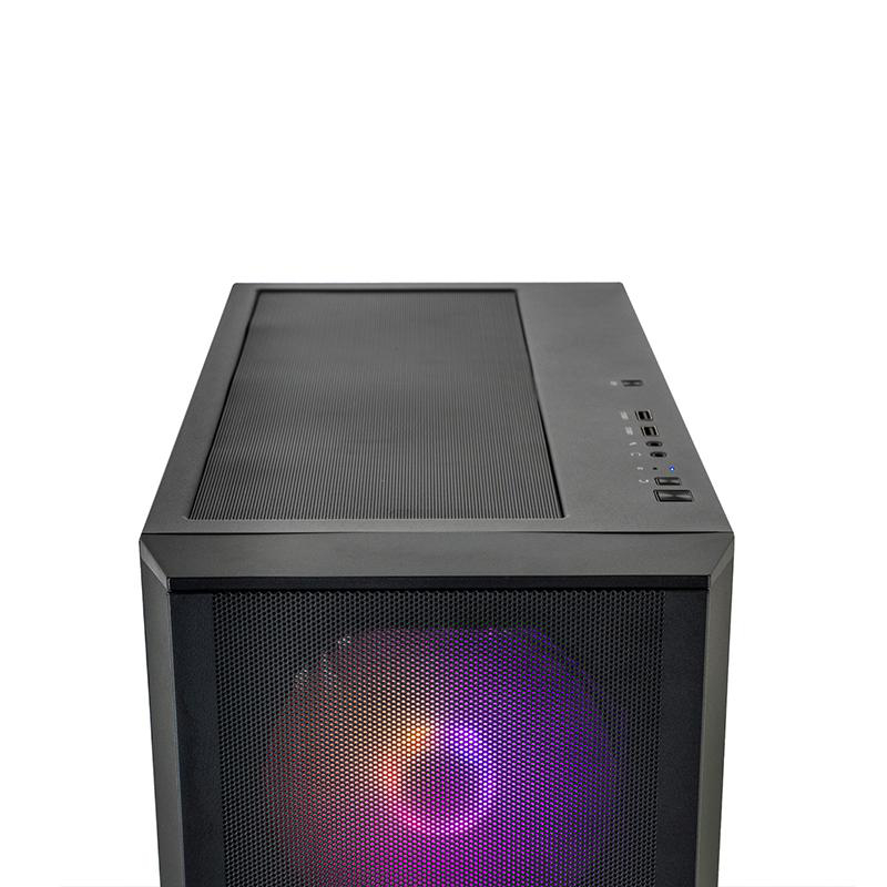 Ein schwarzes Computergehäuse, das die Ober- und Vorderseite zeigt. Die Front hat ein Netz, das bunte Lichter zeigt. Die Oberseite ist schwarz und hat eine Öffnung.