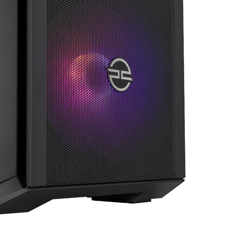 Nahaufnahme der Vorderseite eines schwarzen Computergehäuses. Das Gehäuse hat ein Mesh-Design mit Logo und mehrfarbiger Innenbeleuchtung.