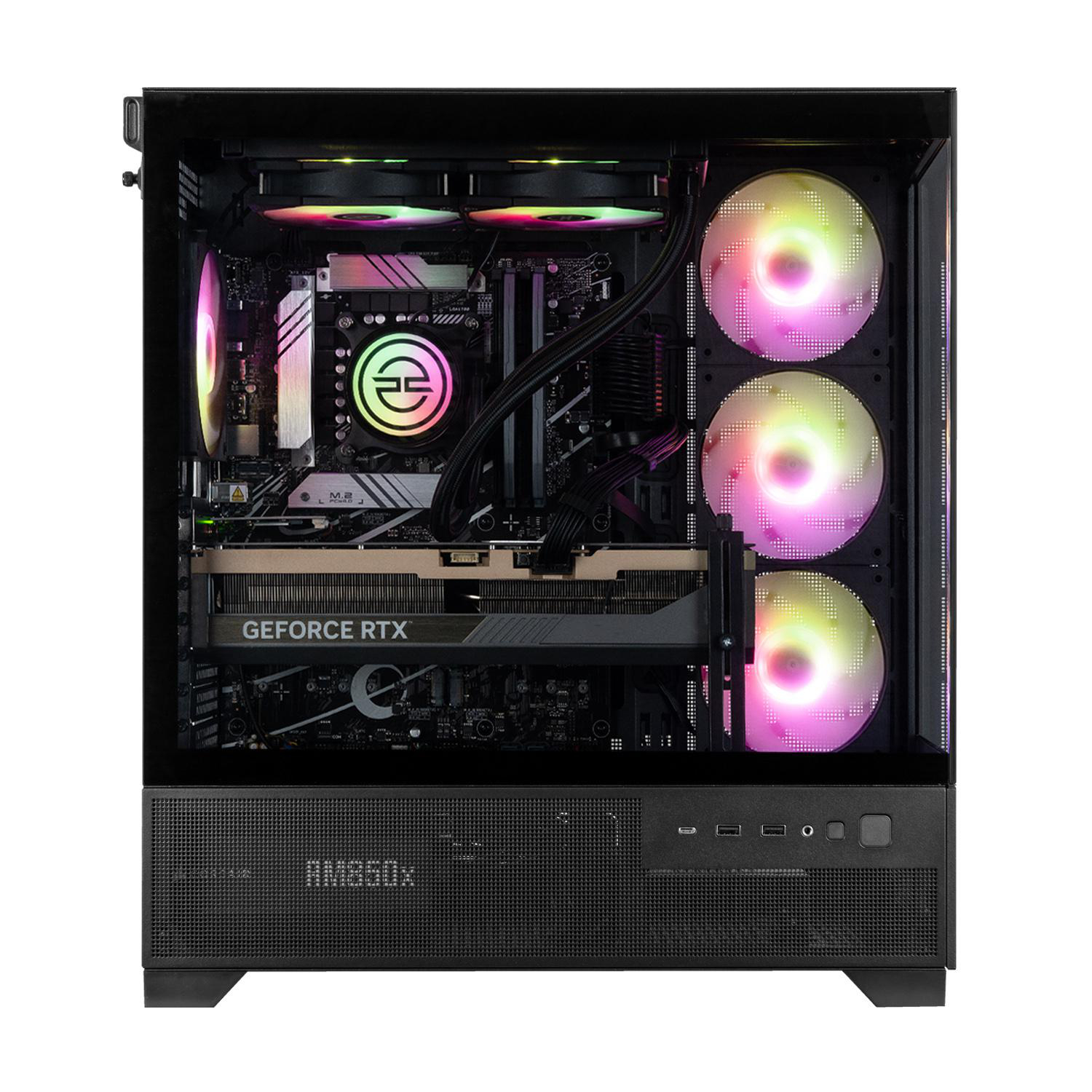 Ein Computergehäuse mit sichtbaren internen Komponenten. Es hat Lüfter mit bunten Lichtern, eine Grafikkarte und ein Netzteil.