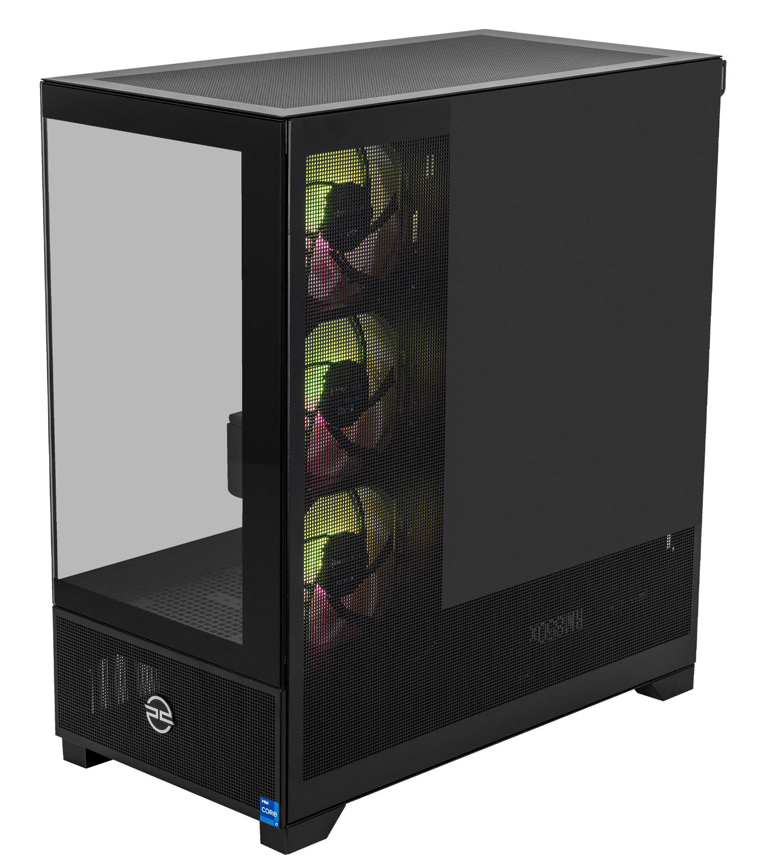 Schwarzes PC-Gehäuse mit Glas-Seitenwand, Mesh-Front und sichtbaren Lüftern. Merkmale ein silbernes Logo und einen Intel Core Aufkleber.