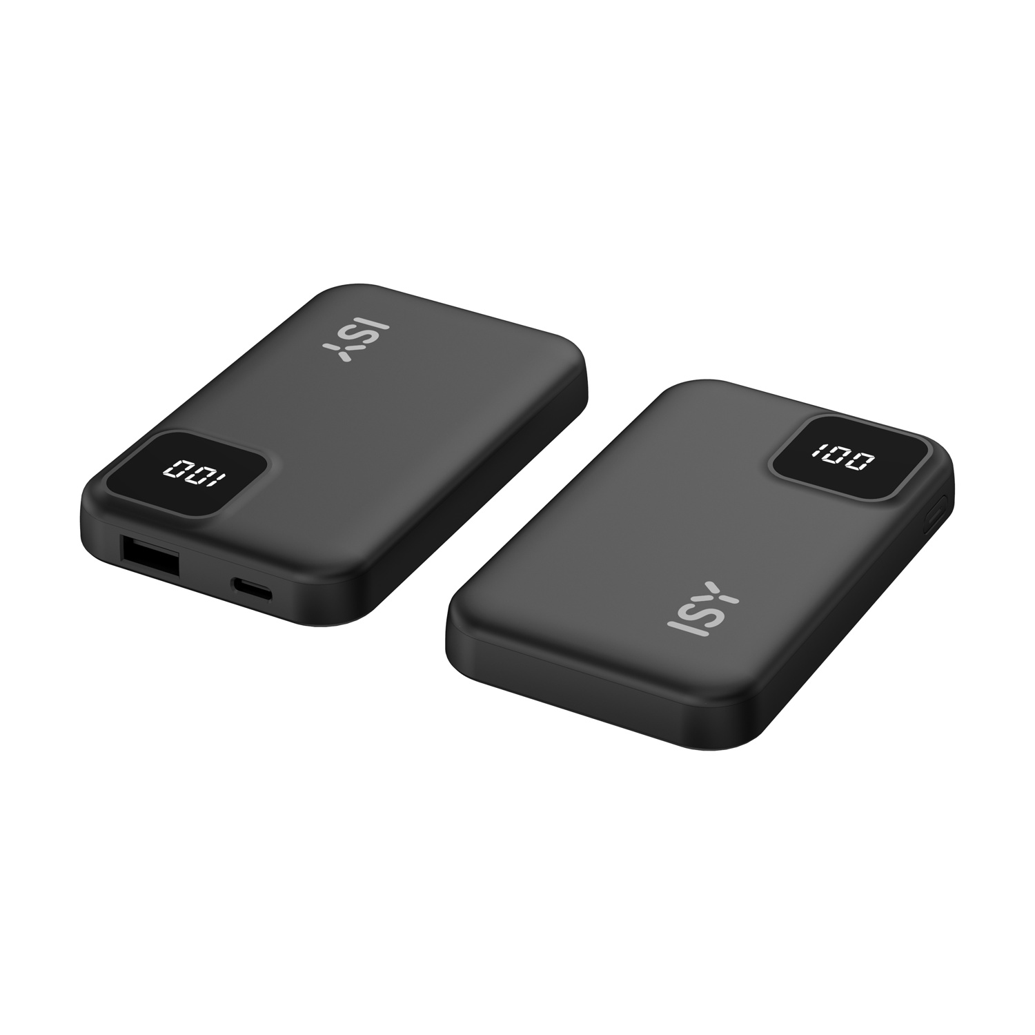 Due power bank neri con display digitali che mostrano 100 e 001, marchio ISY. Sfondo bianco.