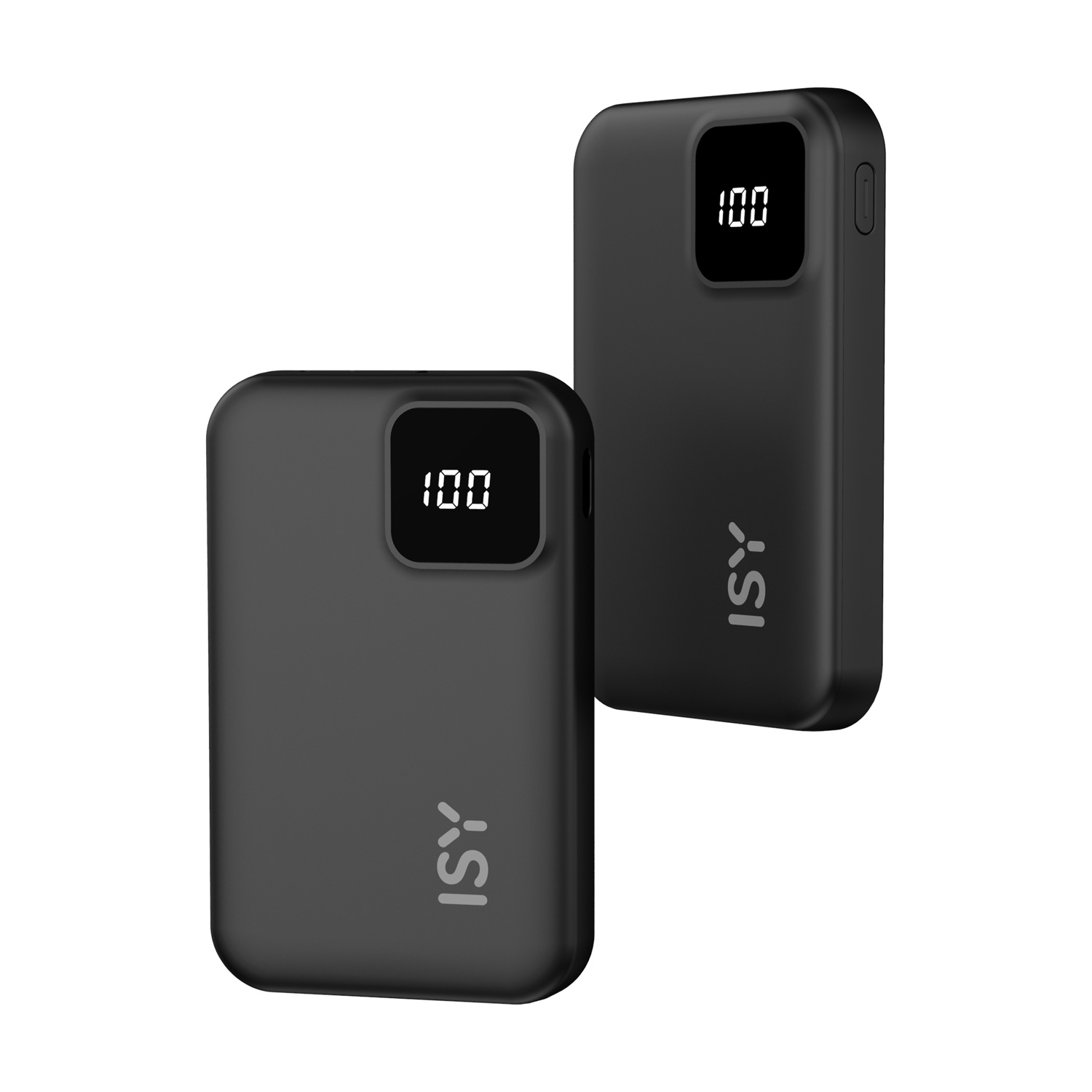 Due power bank neri con angoli arrotondati e display digitali che mostrano 100. Il logo ISY è visibile. Sfondo bianco.