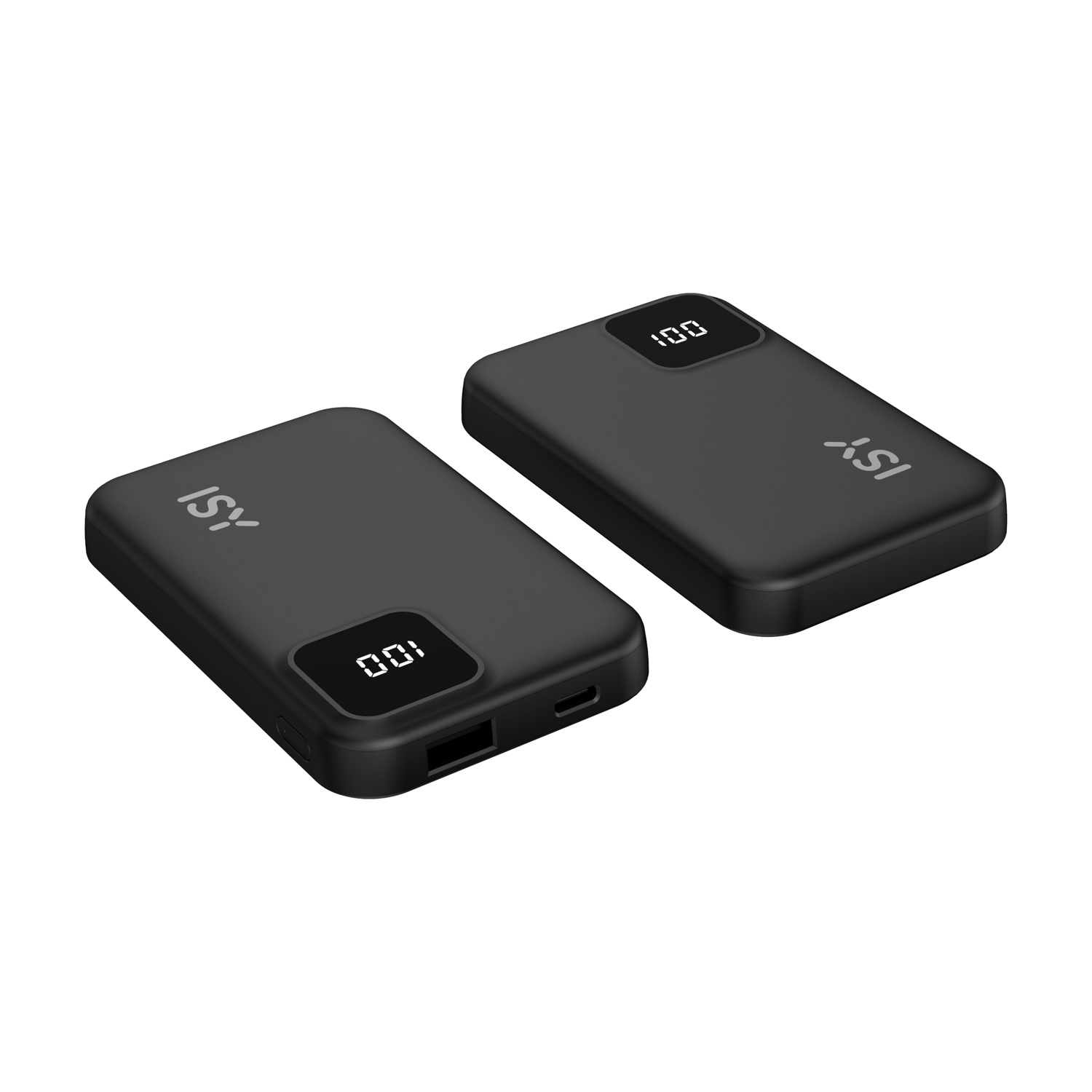 Due power bank neri con display digitali che mostrano il 100%. Ognuno ha il logo 'ISY'. Sono su sfondo bianco.