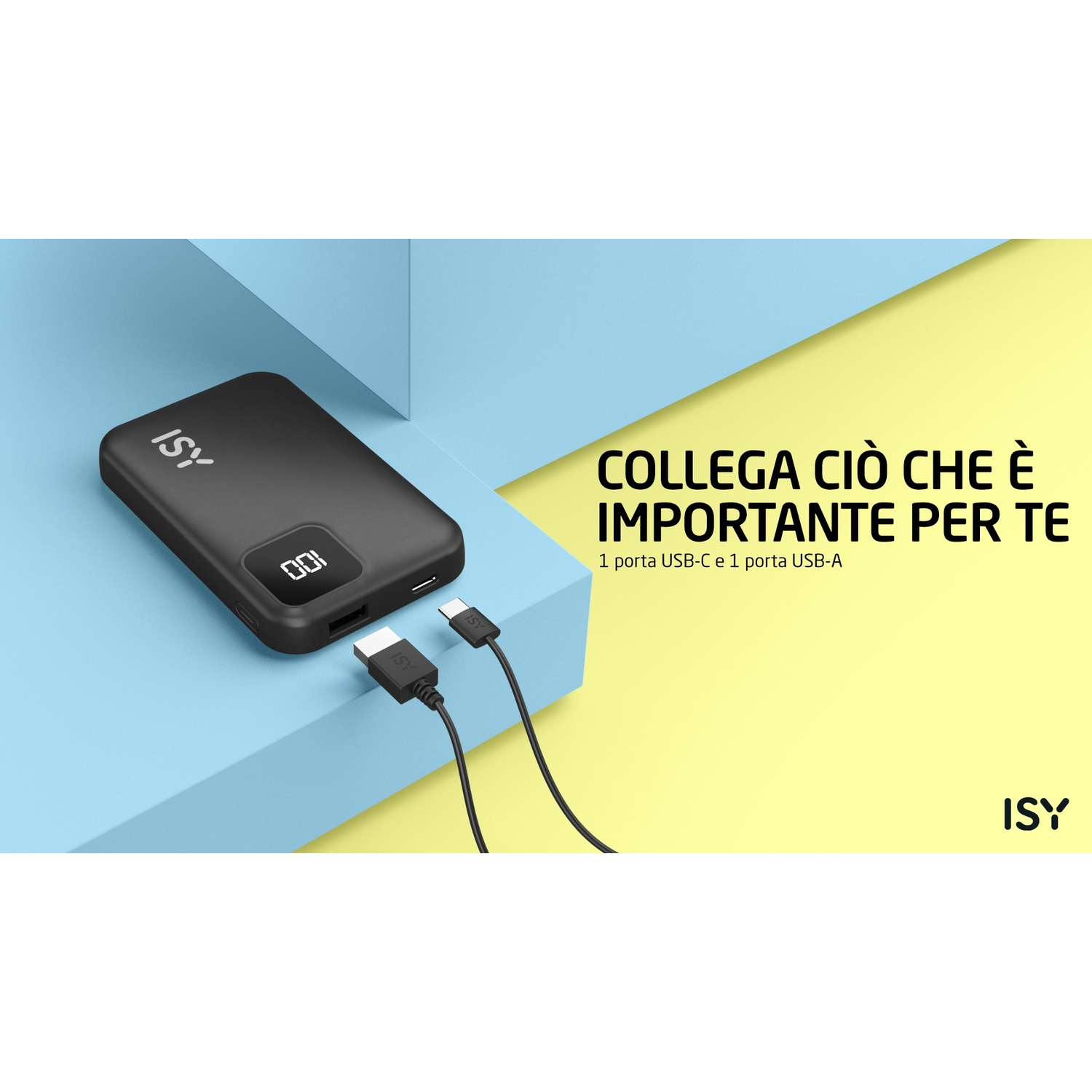 Un power bank nero con cavi collegati. Testo italiano: 'Collega ciò che è importante per te'.