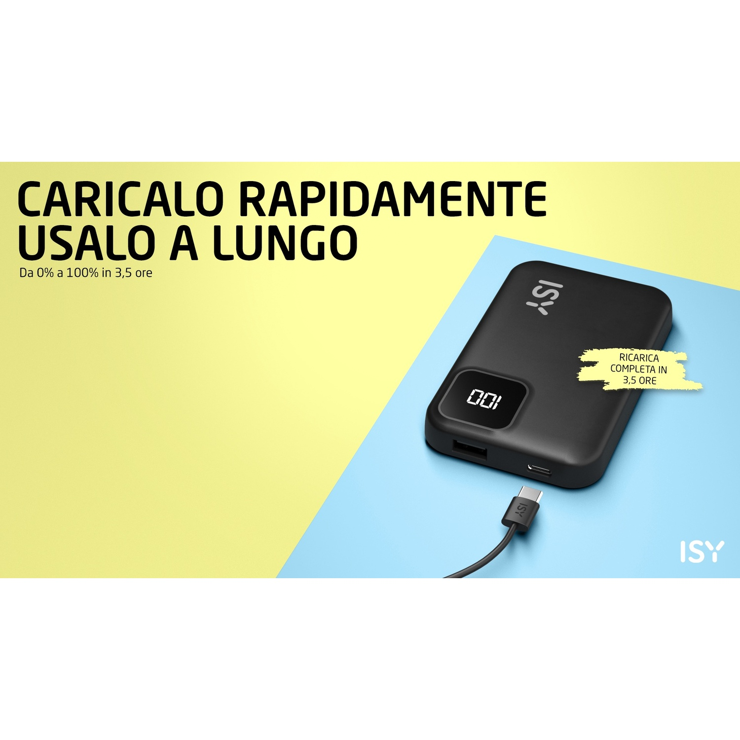 Power bank nero con display digitale che mostra il 100% e testo in italiano che promuove la ricarica rapida su sfondo giallo e blu.