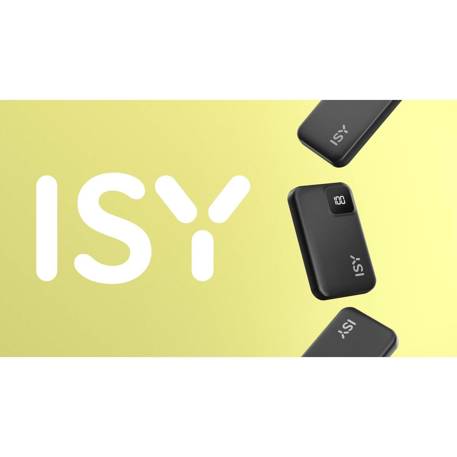 L'immagine mostra la parola ISY in bianco su sfondo giallo e tre power bank neri con il logo ISY.
