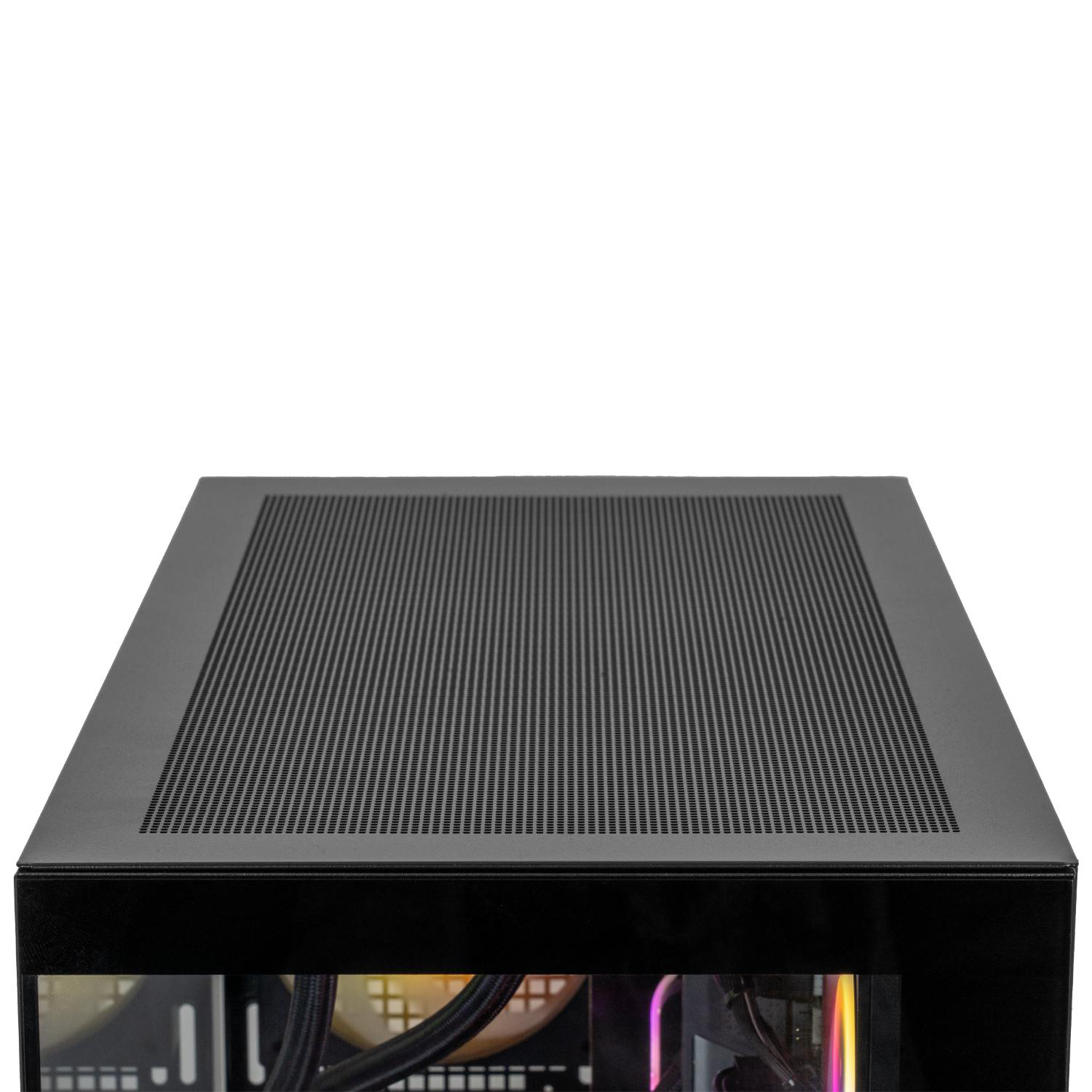Ein schwarzes Computergehäuse, von oben betrachtet, mit einer perforierten Oberseite und einer Glasseitenwand.