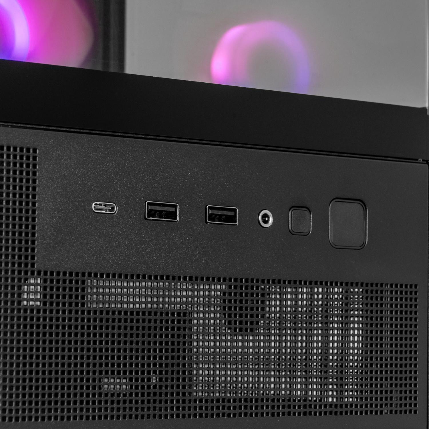 Nahaufnahme eines schwarzen Computergehäuses. Es hat USB-Anschlüsse, eine Audiobuchse und einen Netzschalter. Die Front hat ein Mesh-Design.