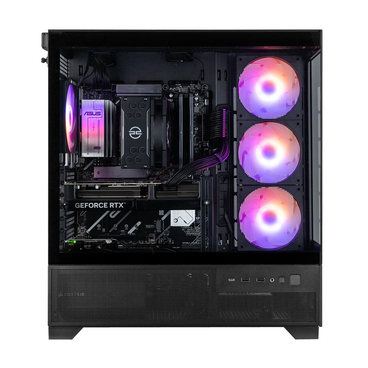 In einem schwarzen Computergehäuse: CPU, GPU, Lüfter mit farbigen Lichtern und andere Komponenten. Gehäuse ist offen, Hardware sichtbar.