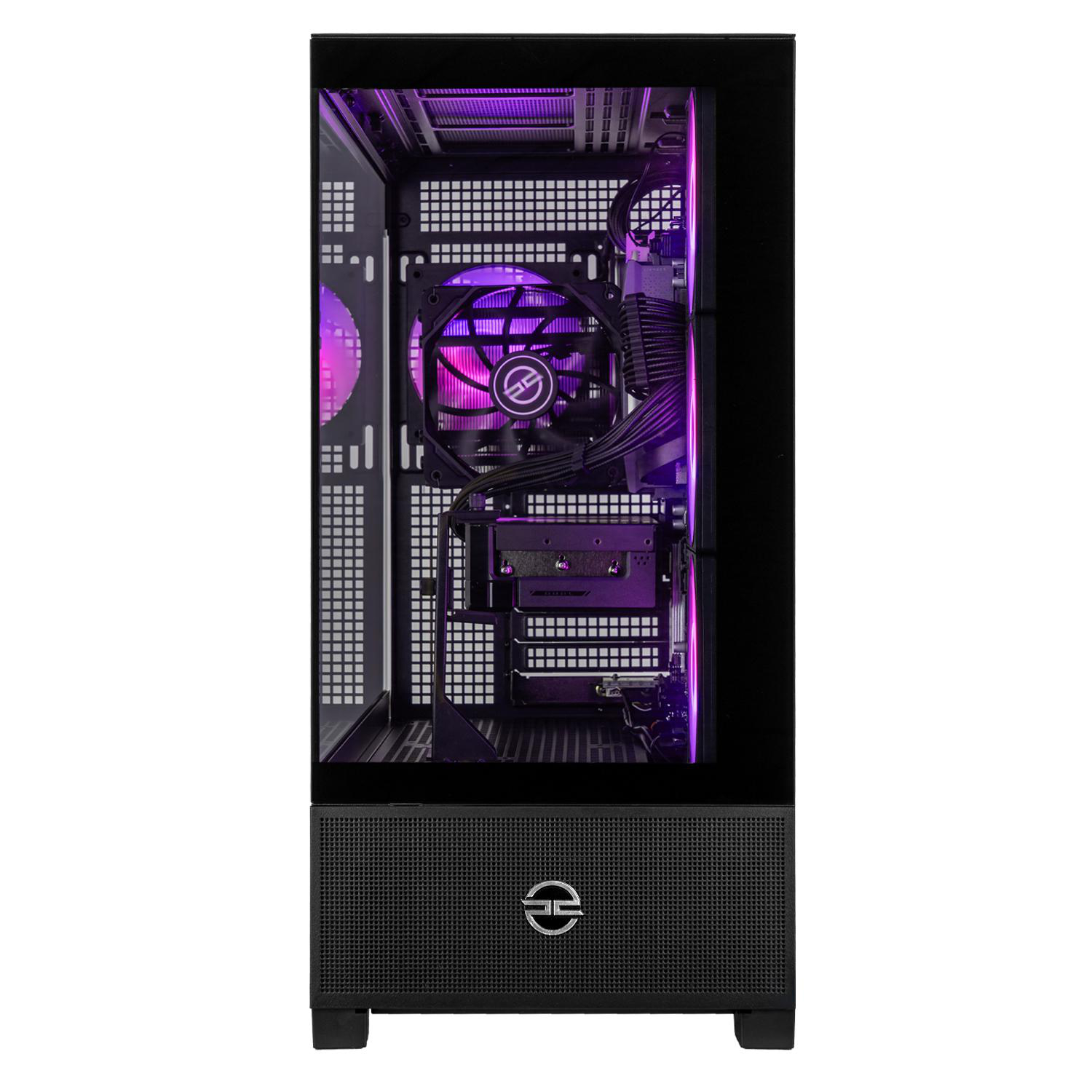 Ein Computergehäuse wird gezeigt. Das Gehäuse hat eine transparente Seitenwand, die interne Komponenten zeigt. Violette Beleuchtung beleuchtet das Innere.