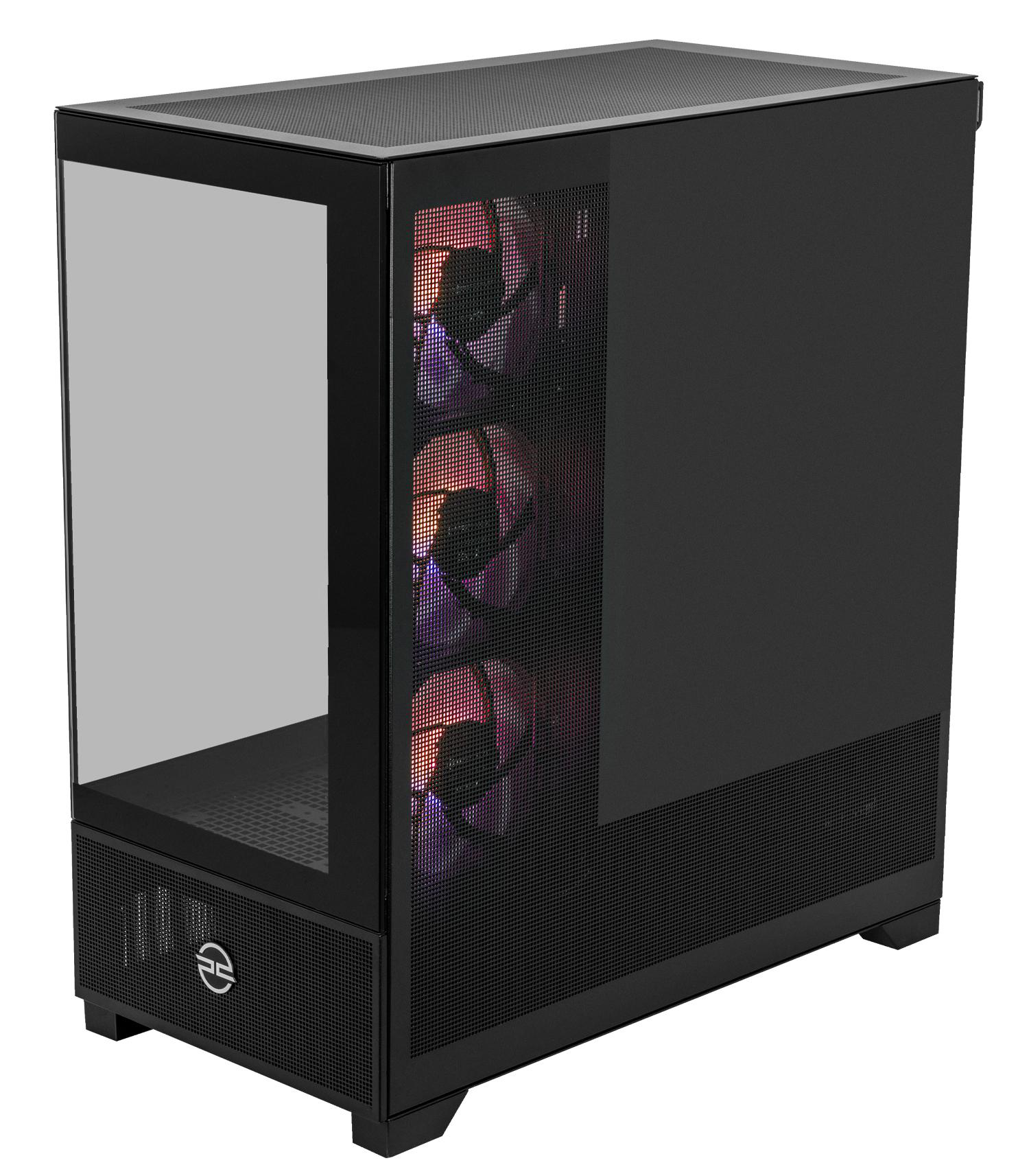 Schwarzes Computergehäuse mit Glasseitenwand, das interne Komponenten und Lüfter mit farbiger Beleuchtung zeigt.
