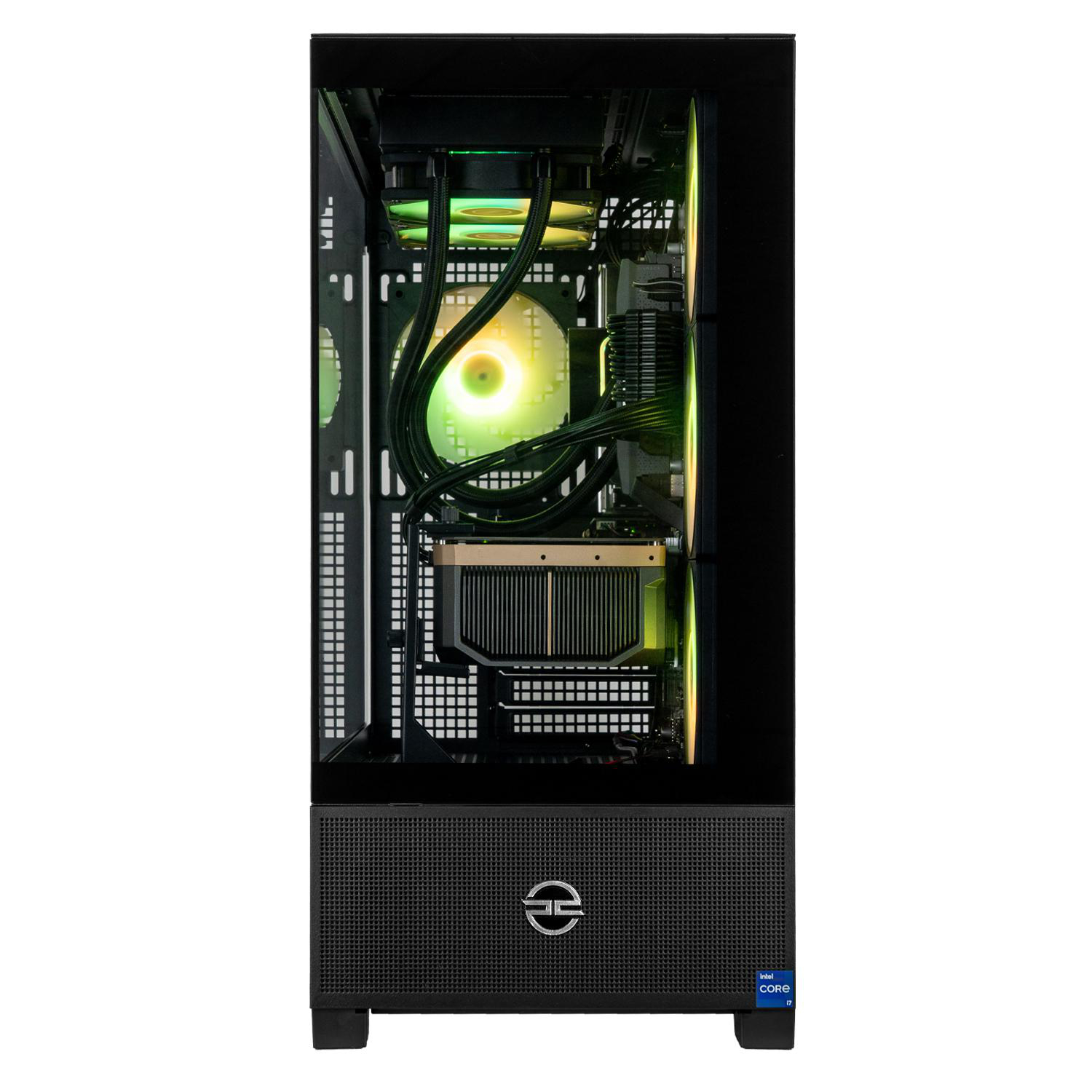 Ein schwarzes Computergehäuse mit einer Glasscheibe. Im Inneren ist ein Computer mit grünem und gelbem Licht zu sehen.