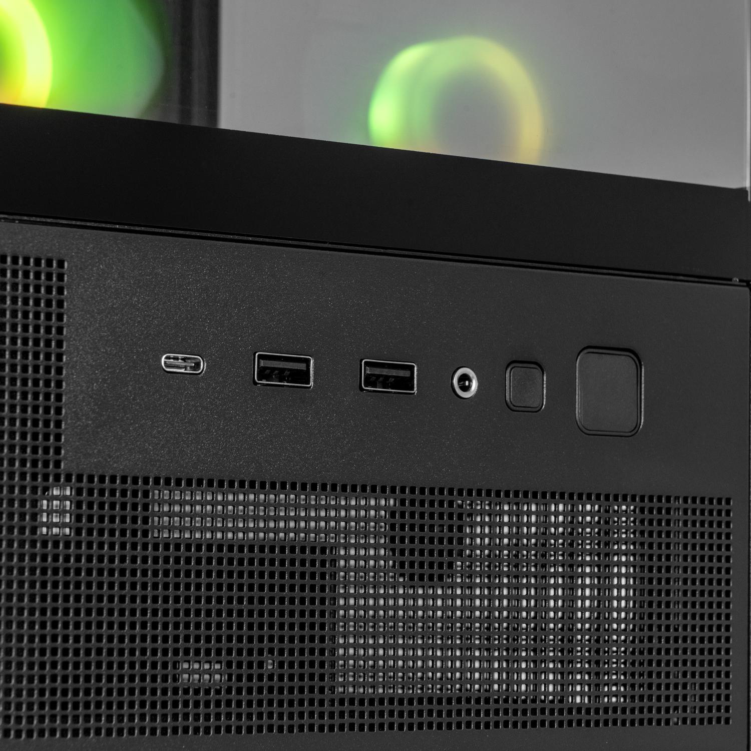 Nahaufnahme der Frontplatte eines schwarzen Computergehäuses. Es hat USB-Anschlüsse, Audioanschluss und einen Power-Button.