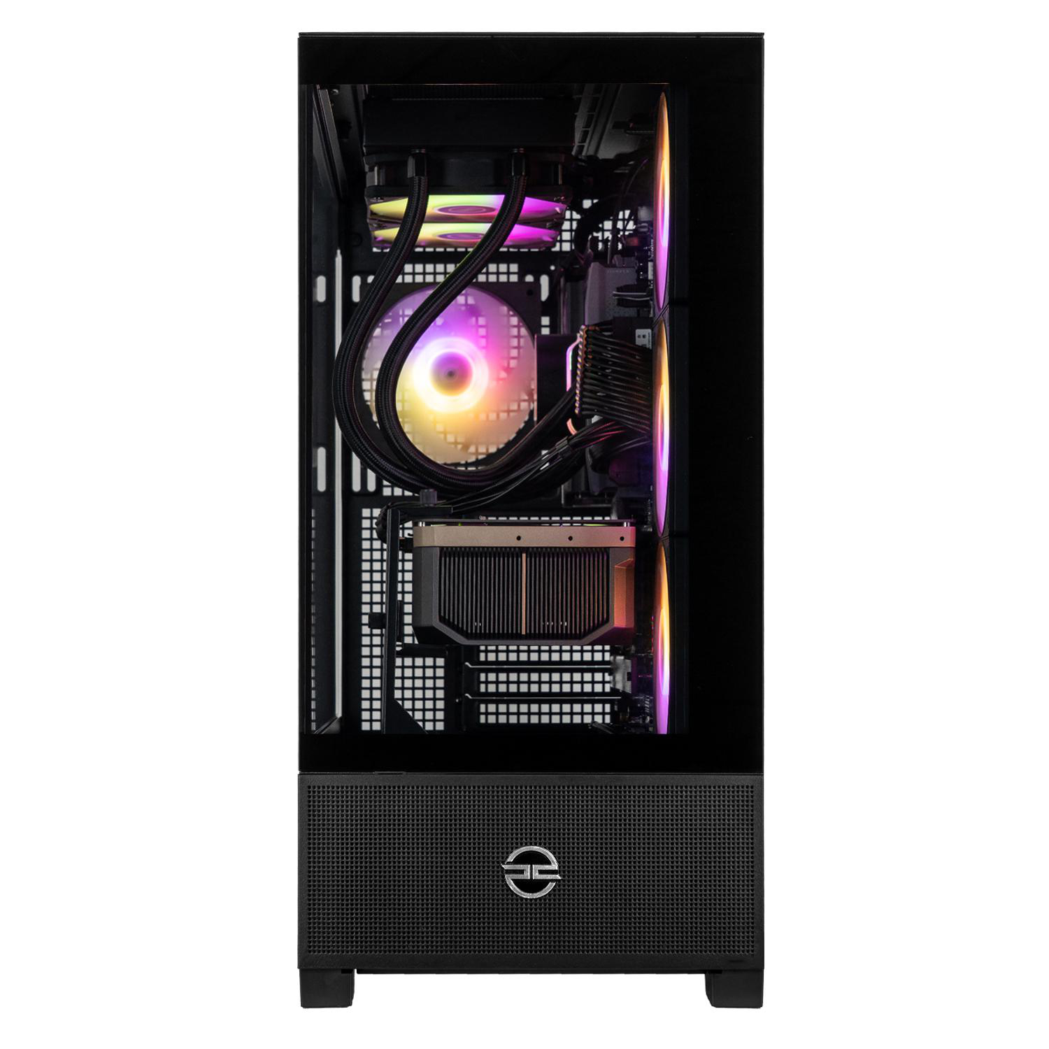 Ein Computergehäuse wird gezeigt, das interne Komponenten wie Lüfter, Flüssigkeitskühlung und einen CPU-Kühler zeigt. Das Gehäuse hat RGB-Beleuchtung.