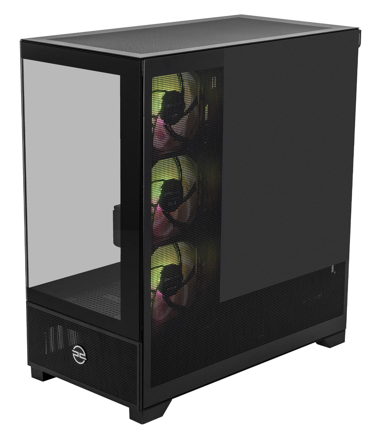 Schwarzes Computergehäuse mit einer Glas-Seitenwand. Es hat eine Mesh-Front, und drei Lüfter sind durch das Mesh sichtbar.